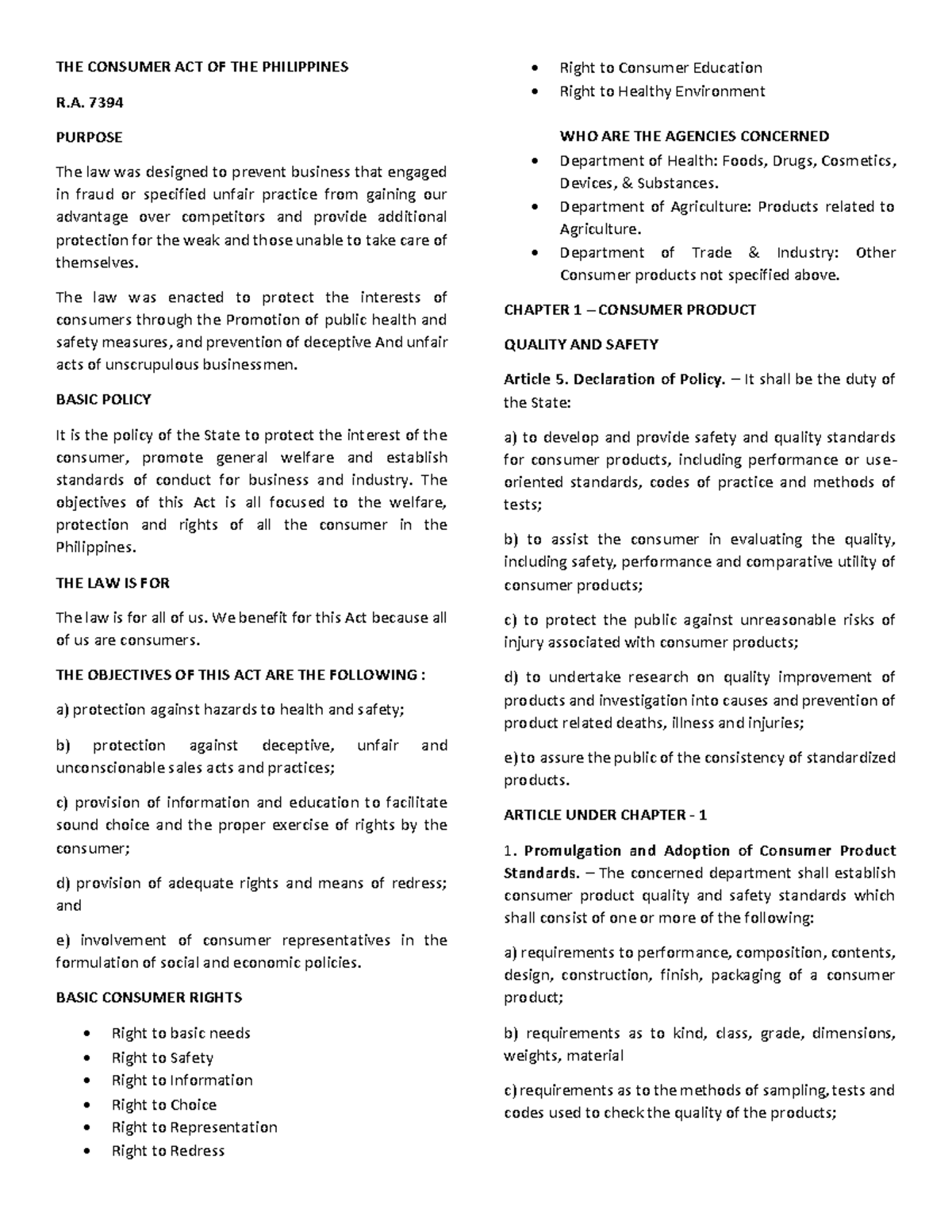 Consumer ACT - THE CONSUMER ACT OF THE PHILIPPINES R. 7394 PURPOSE The ...