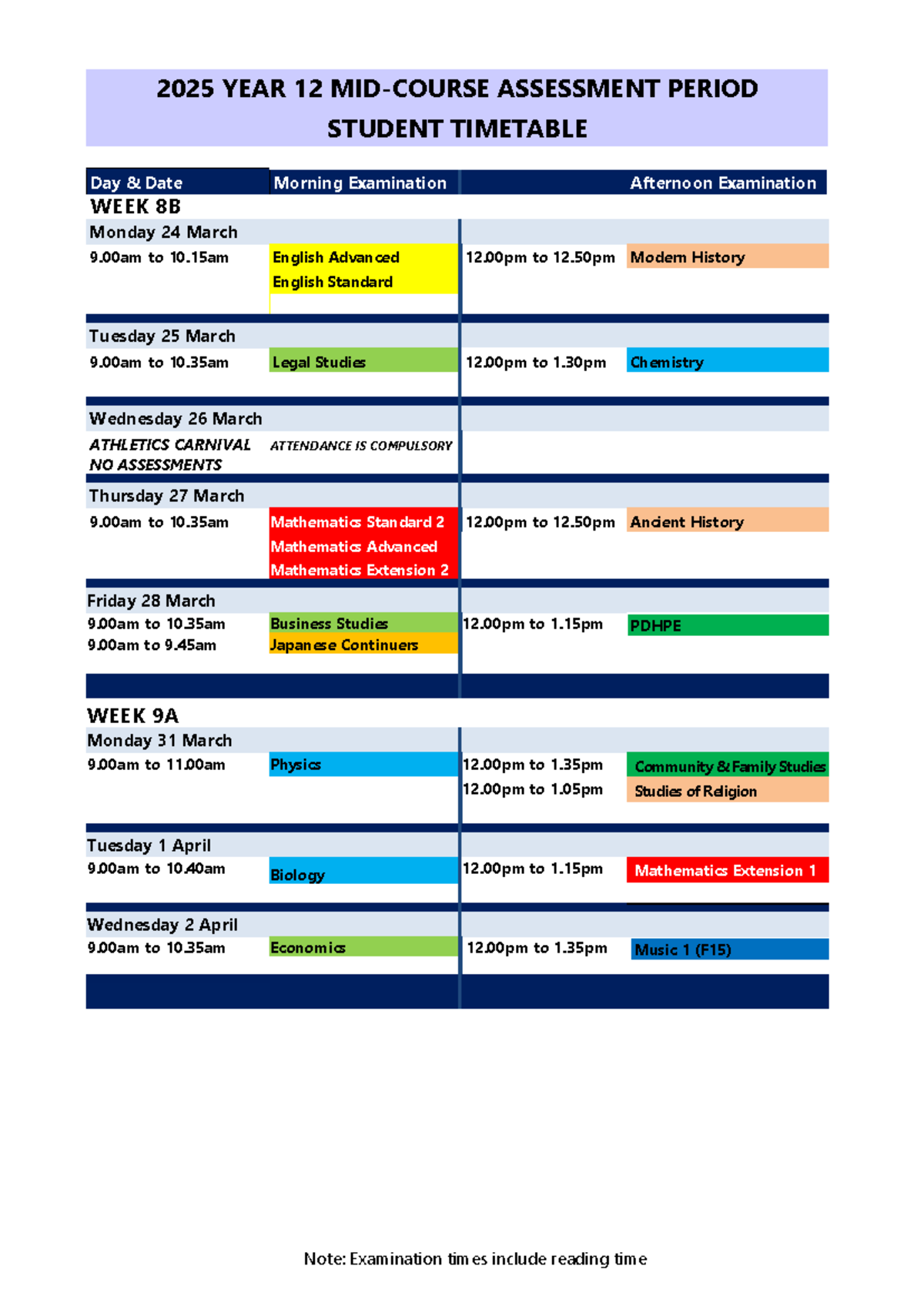 2025 Year 12 Mid-Course Assessment Timetable - Studocu