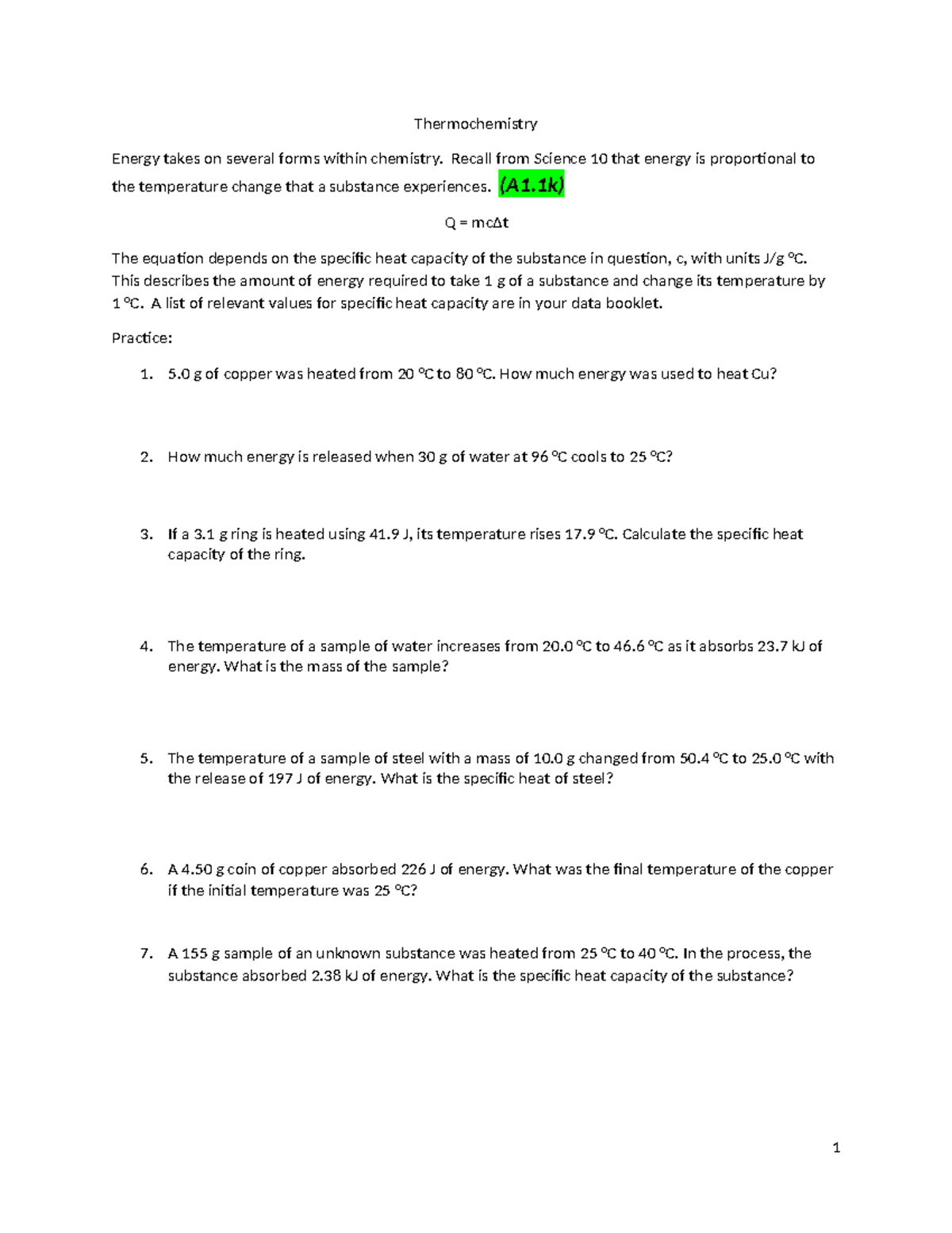 C30 Thermo Worksheet: Thermochemistry Concepts and Calculations - Studocu