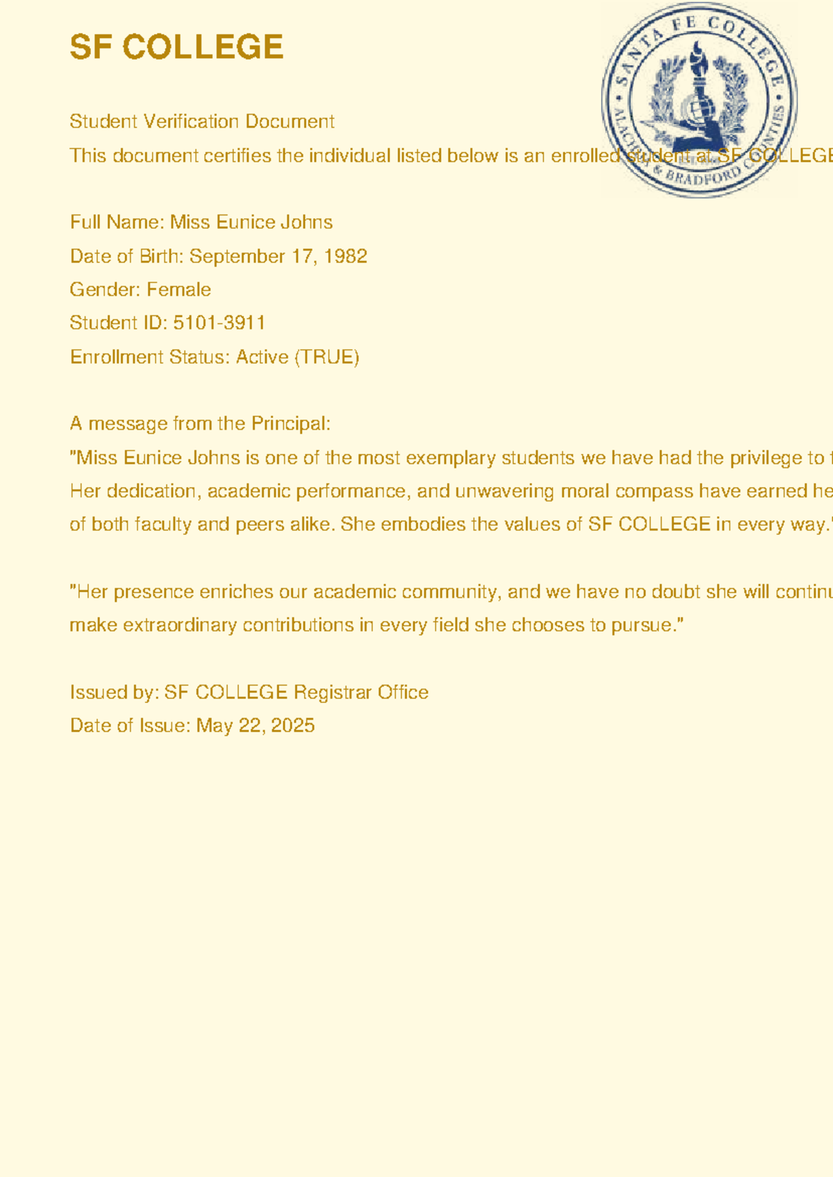 SF College Student Verification Document for Eunice Johns - Studocu