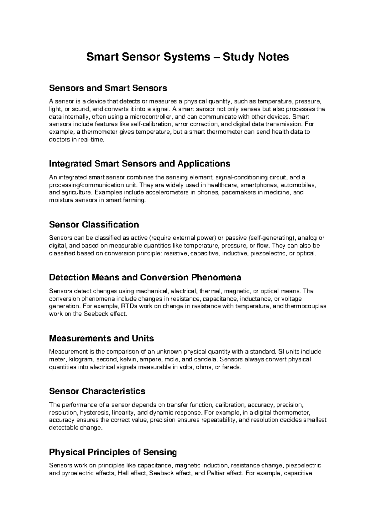 Smart Sensor Systems Study Notes: Sensors & Applications - Studocu