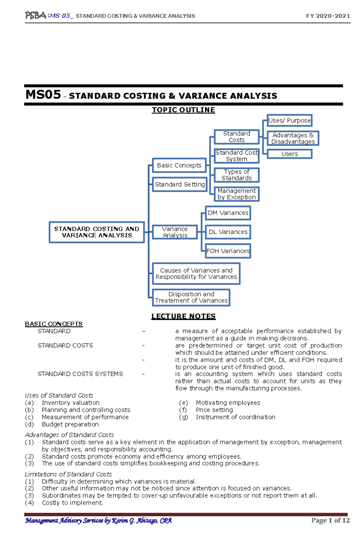 MS05 Standard Costing & Variance Analysis Lecture Notes - Studocu