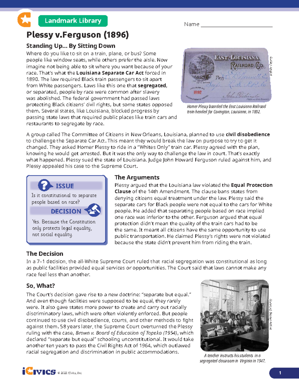 Plessy v. Ferguson Case Study: Understanding "Separate but Equal" - Studocu