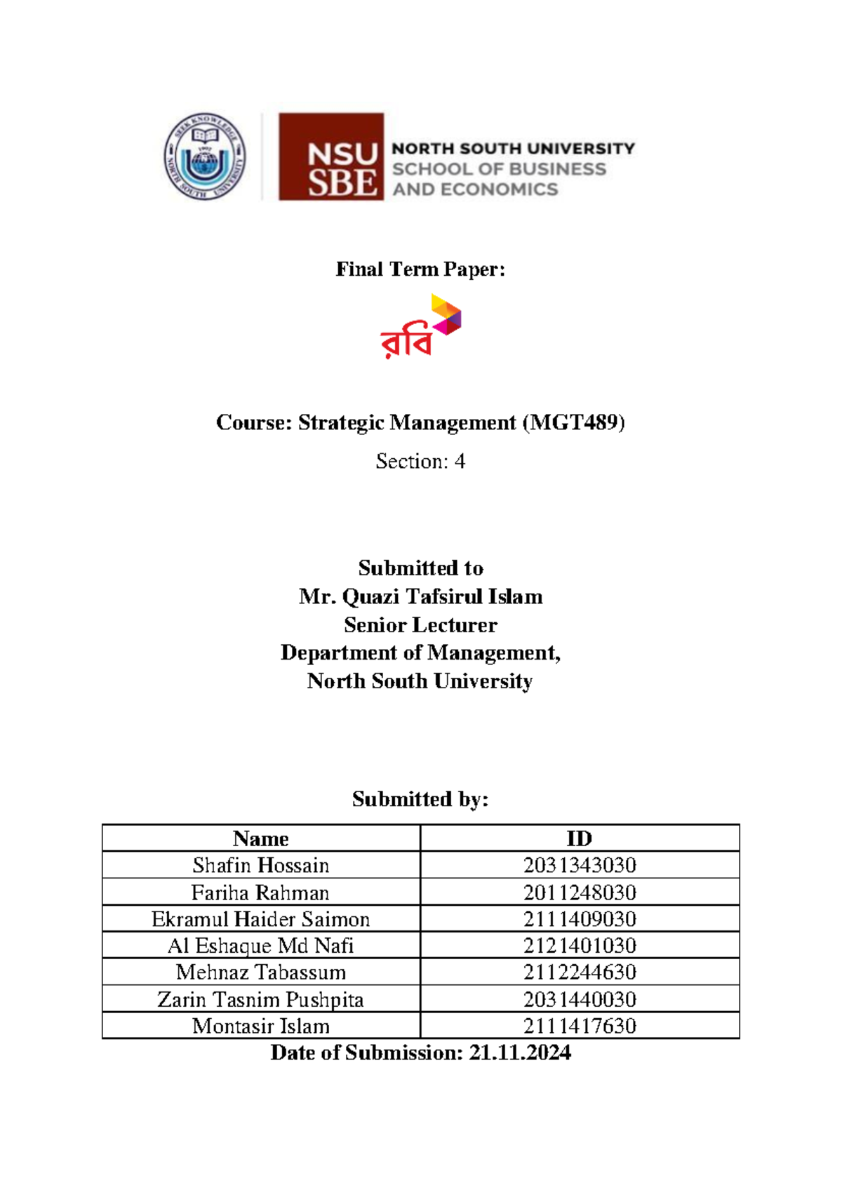 Final Term Paper: Strategic Management Analysis of Robi (MGT489) - Studocu