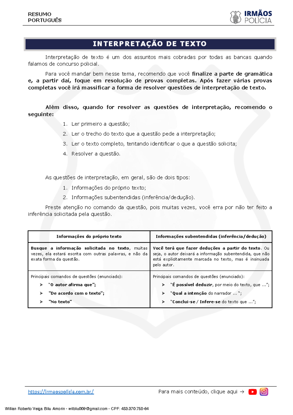 RESUMO PORTUGUÊS: INTERPRETAÇÃO DE TEXTO PARA CONCURSOS - Studocu