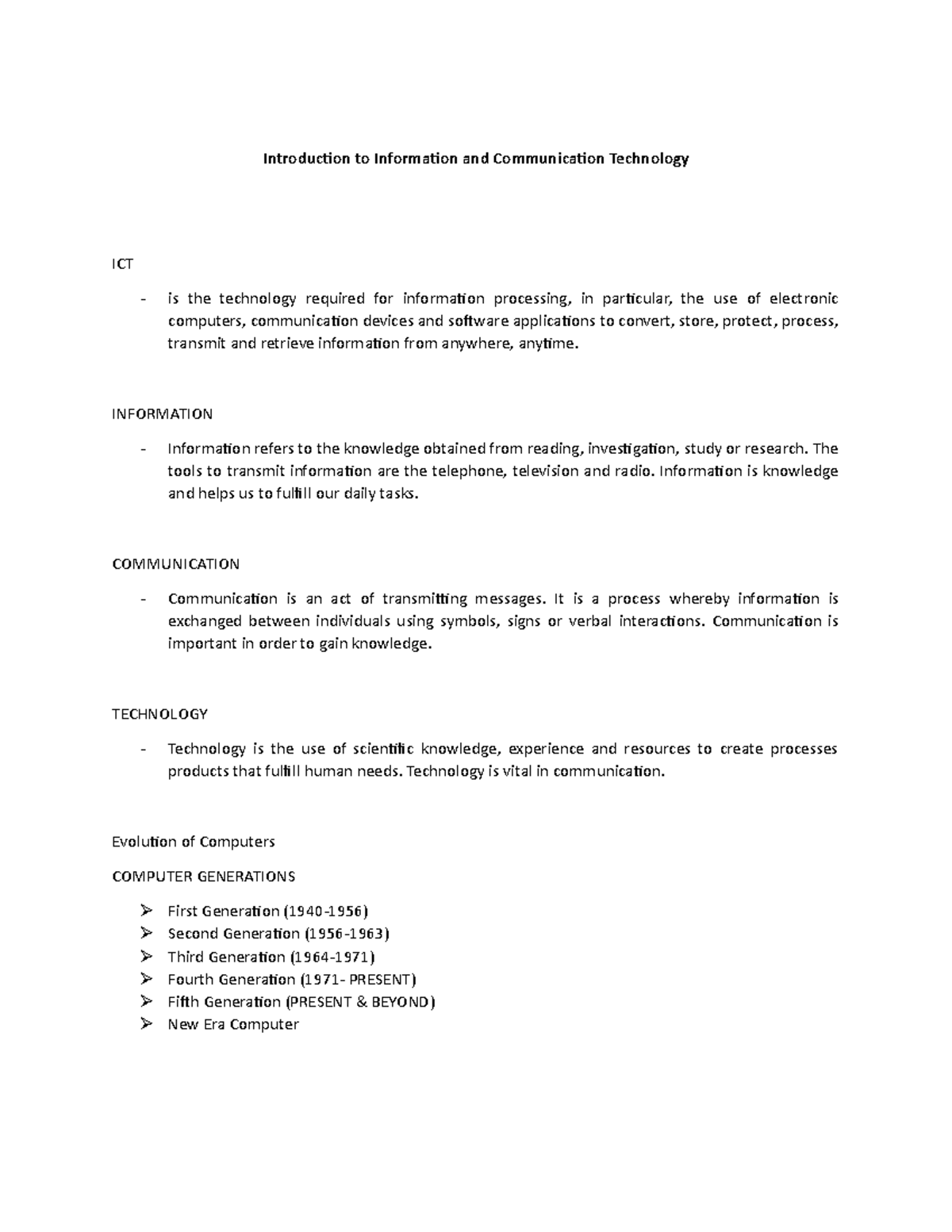 ICT 101: Introduction to Information and Communication Technology - Studocu