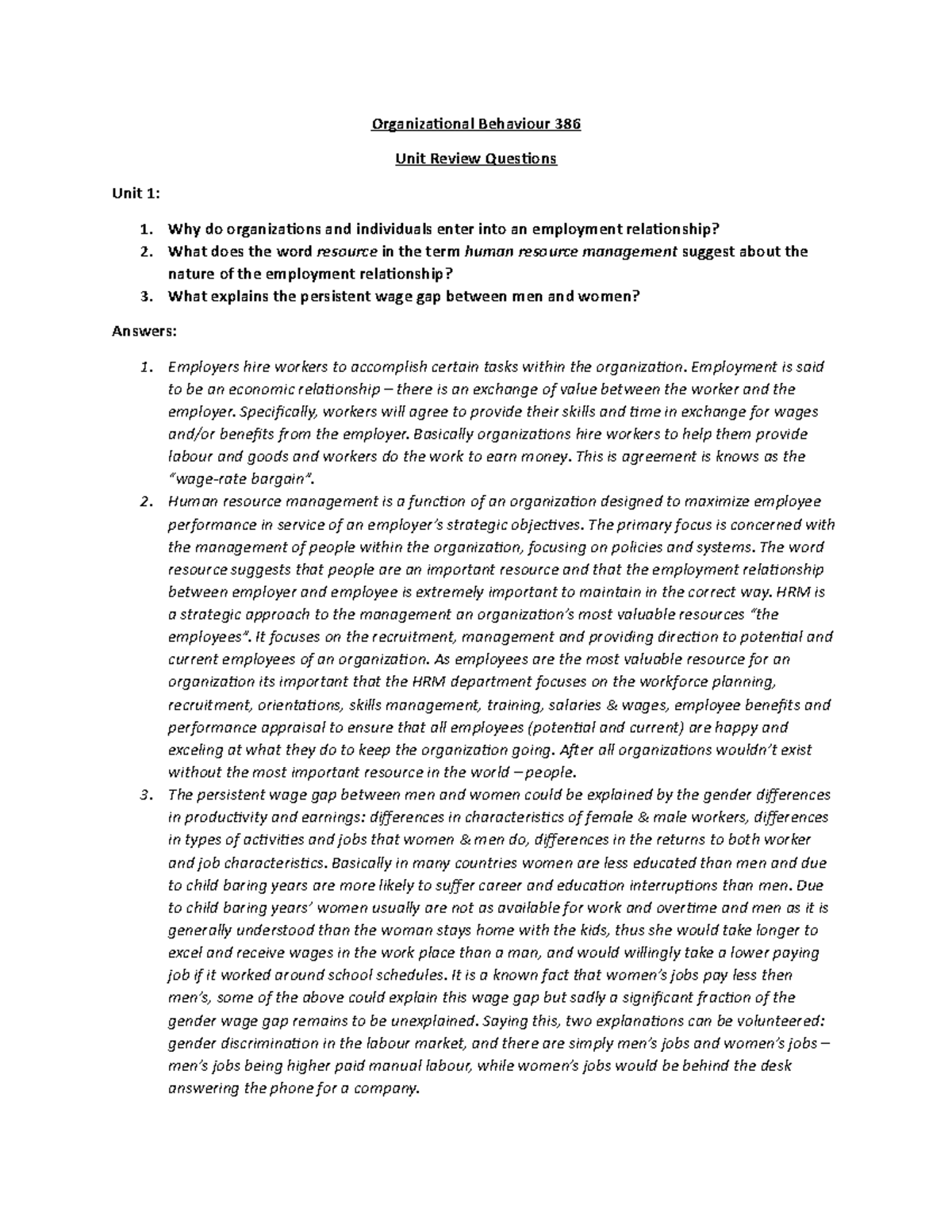 Units 1 through 4 lecture notes - Organizational Behaviour 386 Unit ...