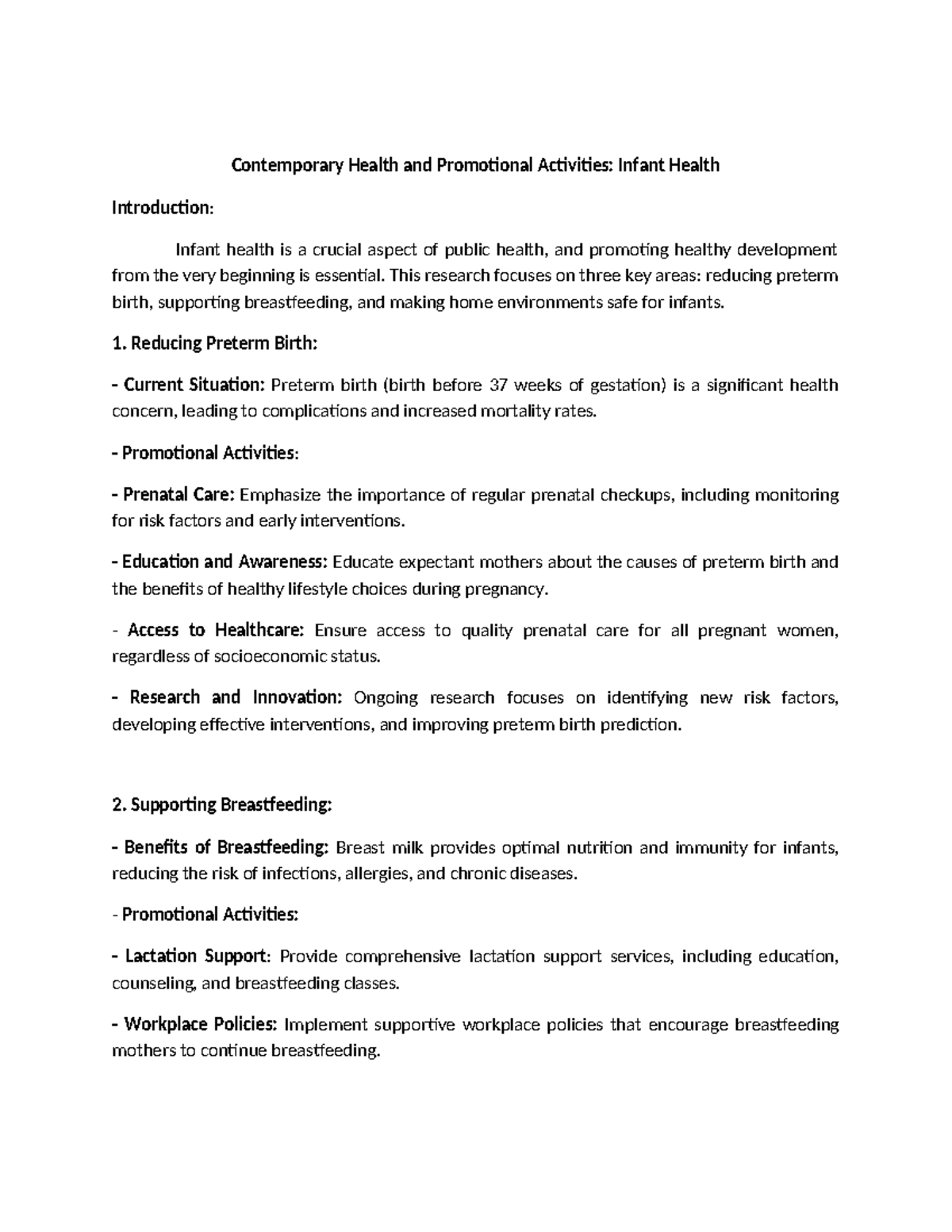 Infant Health - Short essay - Contemporary Health and Promotional ...