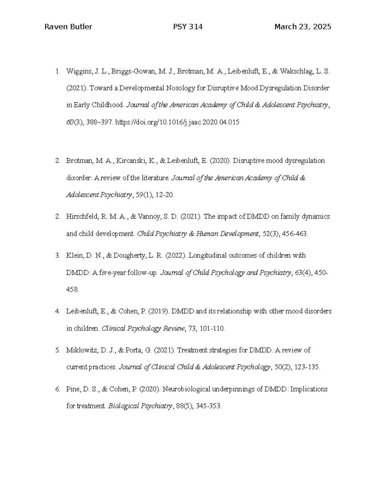 PSY 314 Bibliography: Key Studies on Disruptive Mood Dysregulation ...