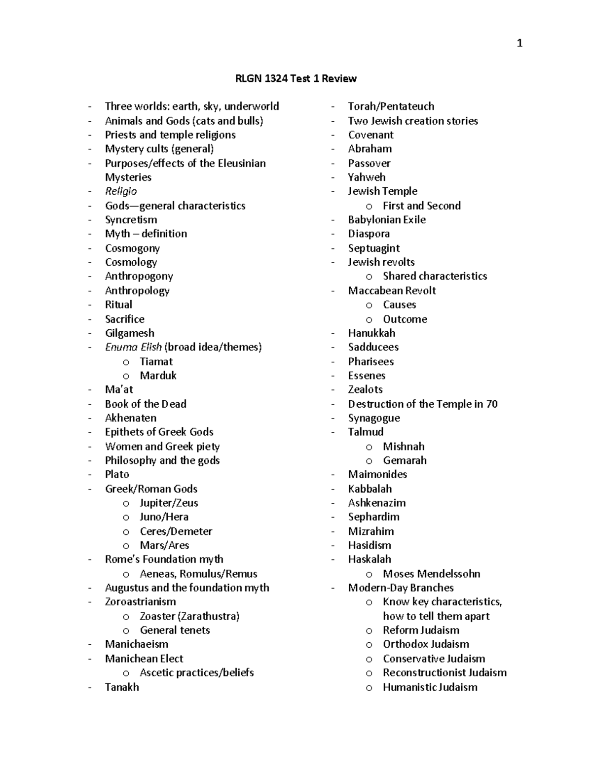 RLGN 1324 Test 1 Review: Key Concepts in Religion and Mythology - Studocu