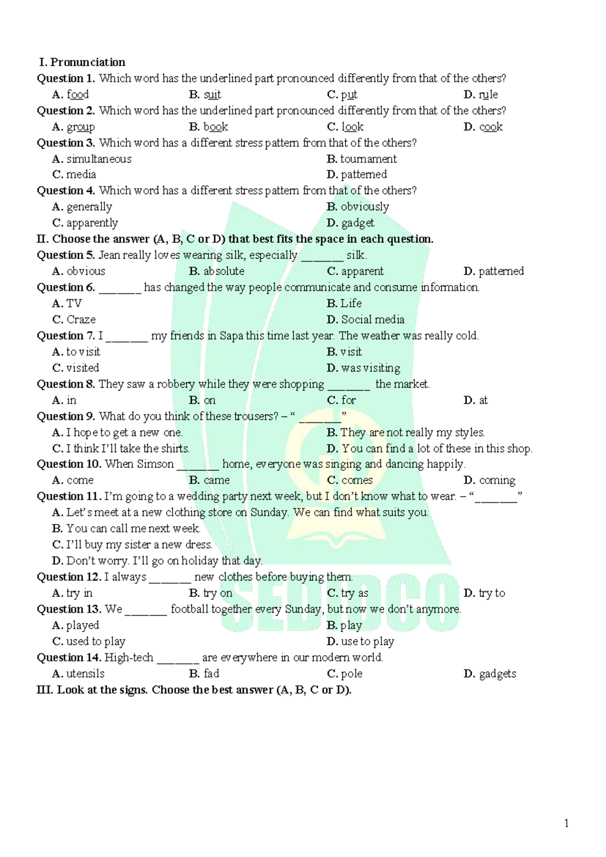 8u1 2 - Pronunciation and Language Skills Practice Questions - Studocu