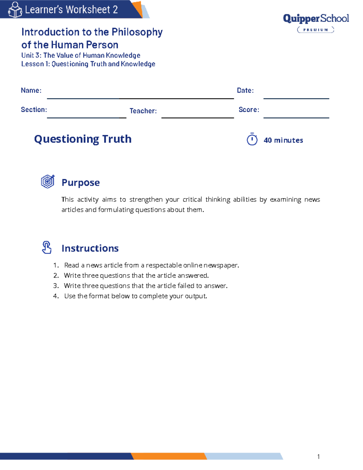 IPHP 11 12 Q1 0301 Lesson 1: Questioning Truth & Knowledge - Studocu