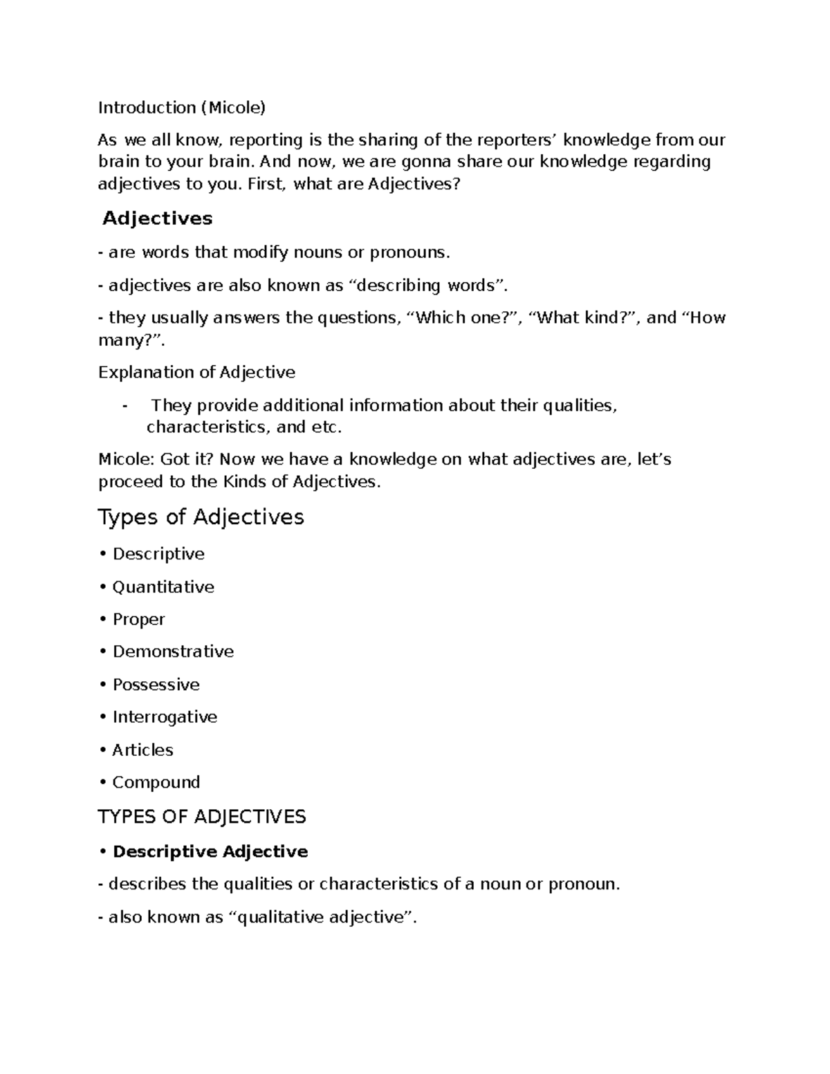 Report on Adjectives and Their Types - HAJZNSJ - Studocu