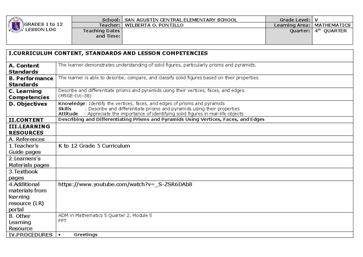 MAM BB Lesson Plan for CO-2 SY 2025-2026: Solid Figures in Math - Studocu