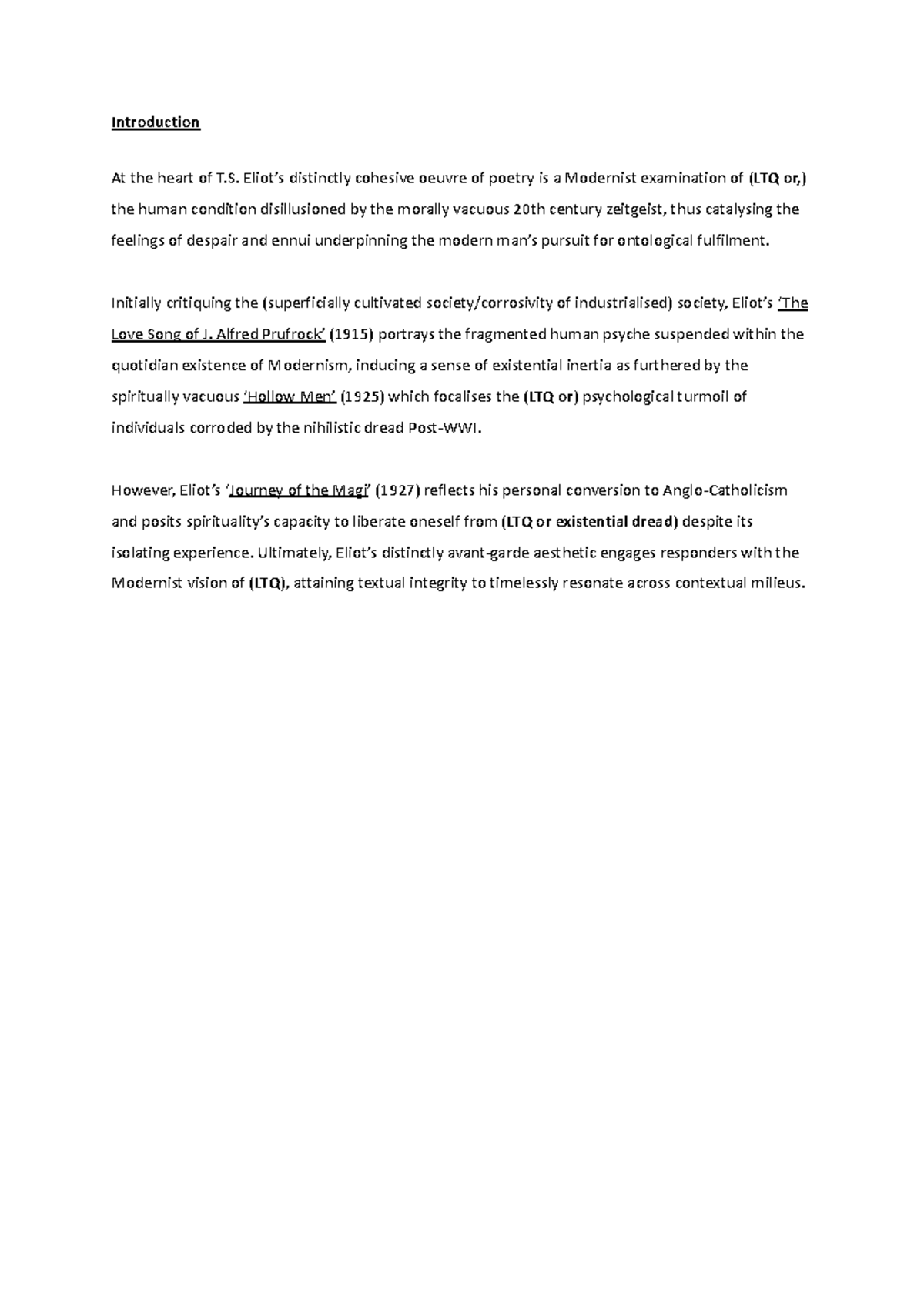 Jordan Ho Module B: Modernist Themes in T.S. Eliot's Poetry Analysis ...
