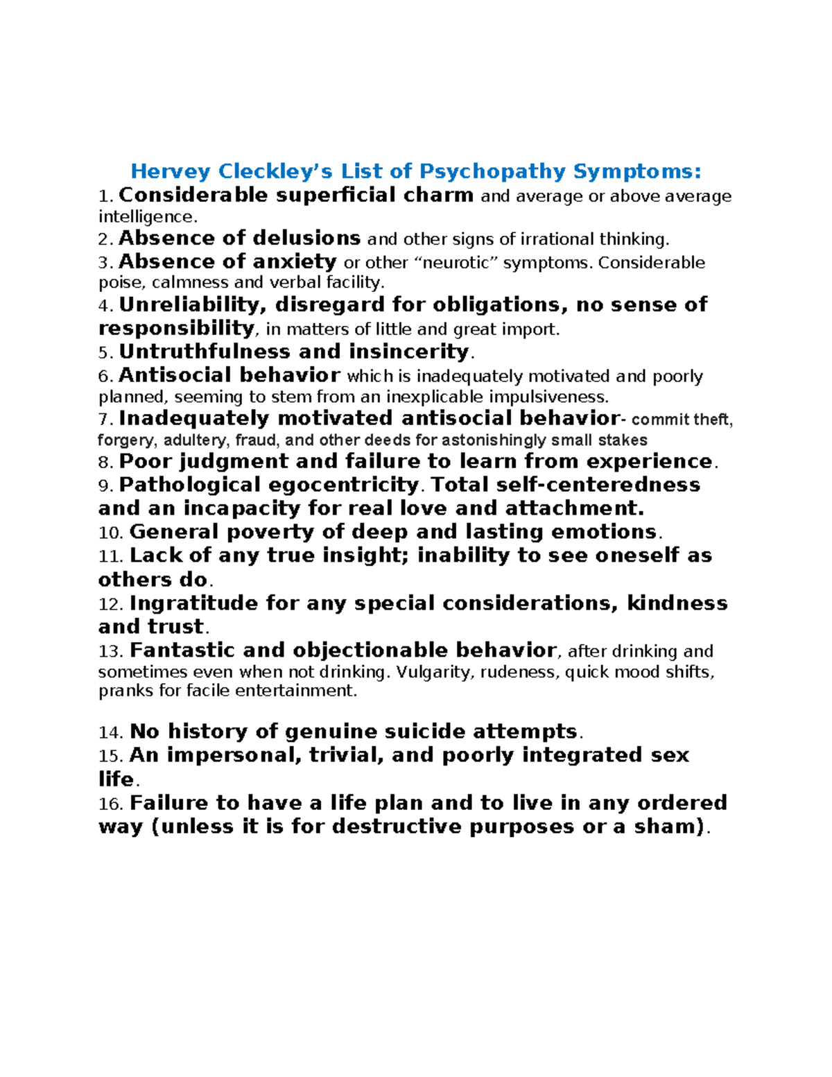 Forensic Psychology: Cleckley's Psychopathy Checklist Overview - Studocu