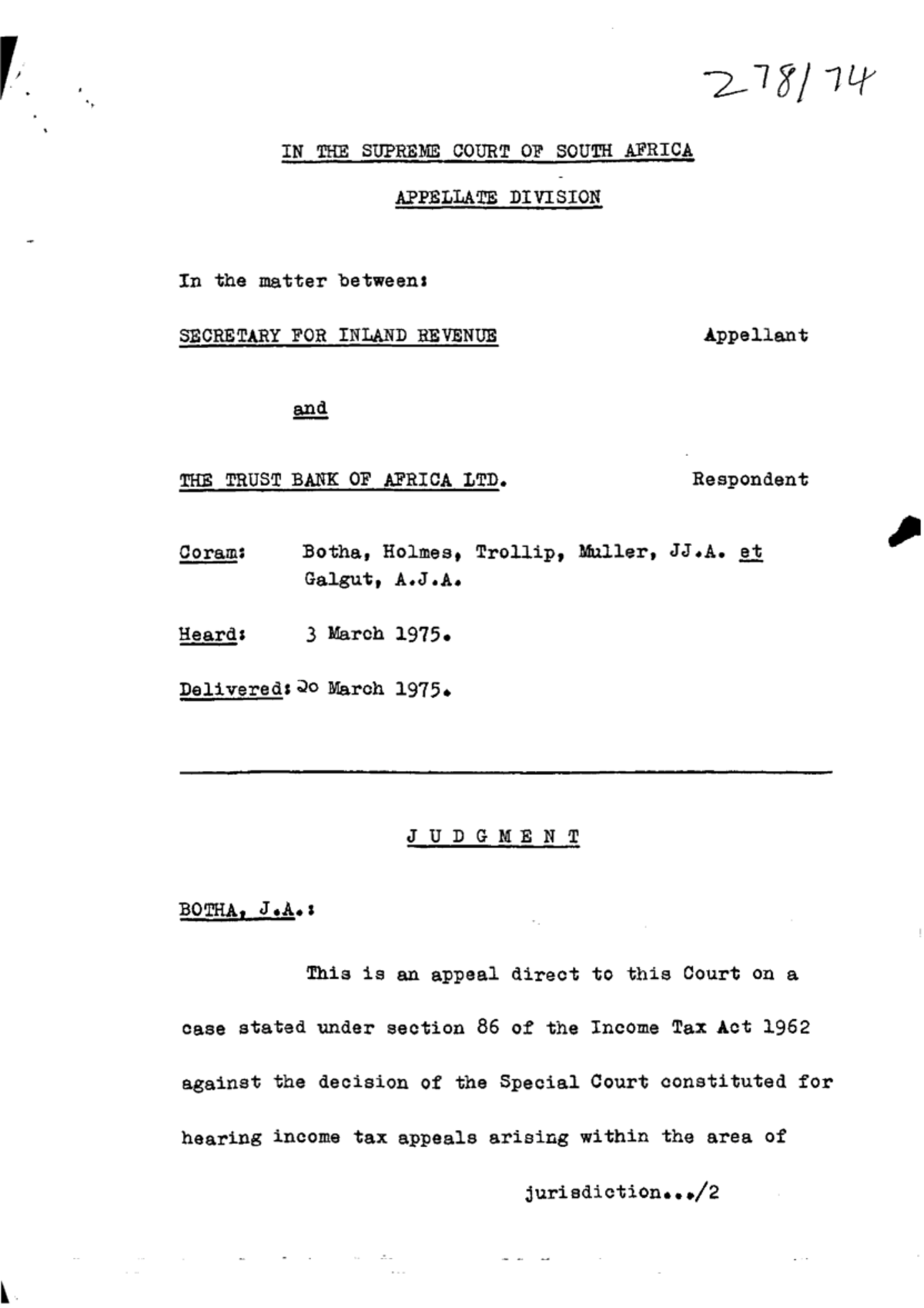Secretary for Inland Revenue v Trust Bank of Africa Ltd (27874) - Case ...