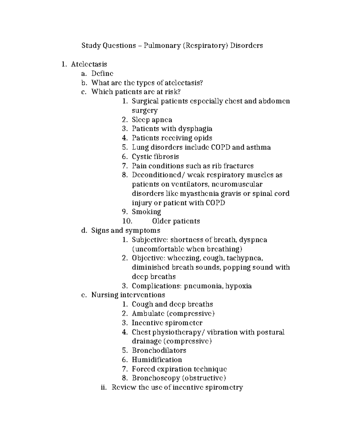 Study Questions – Pulmonary Disorders - Study Questions – Pulmonary ...