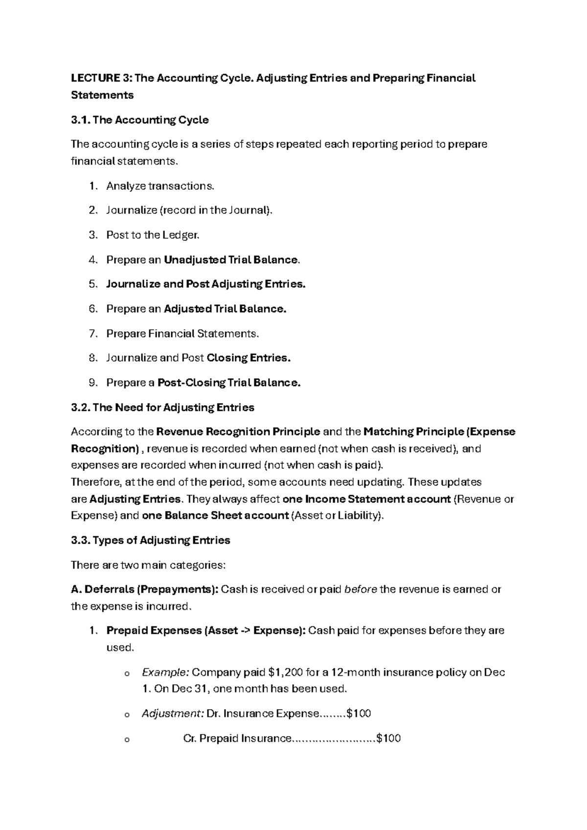 LECTURE 3: The Accounting Cycle & Adjusting Entries Notes - Studocu