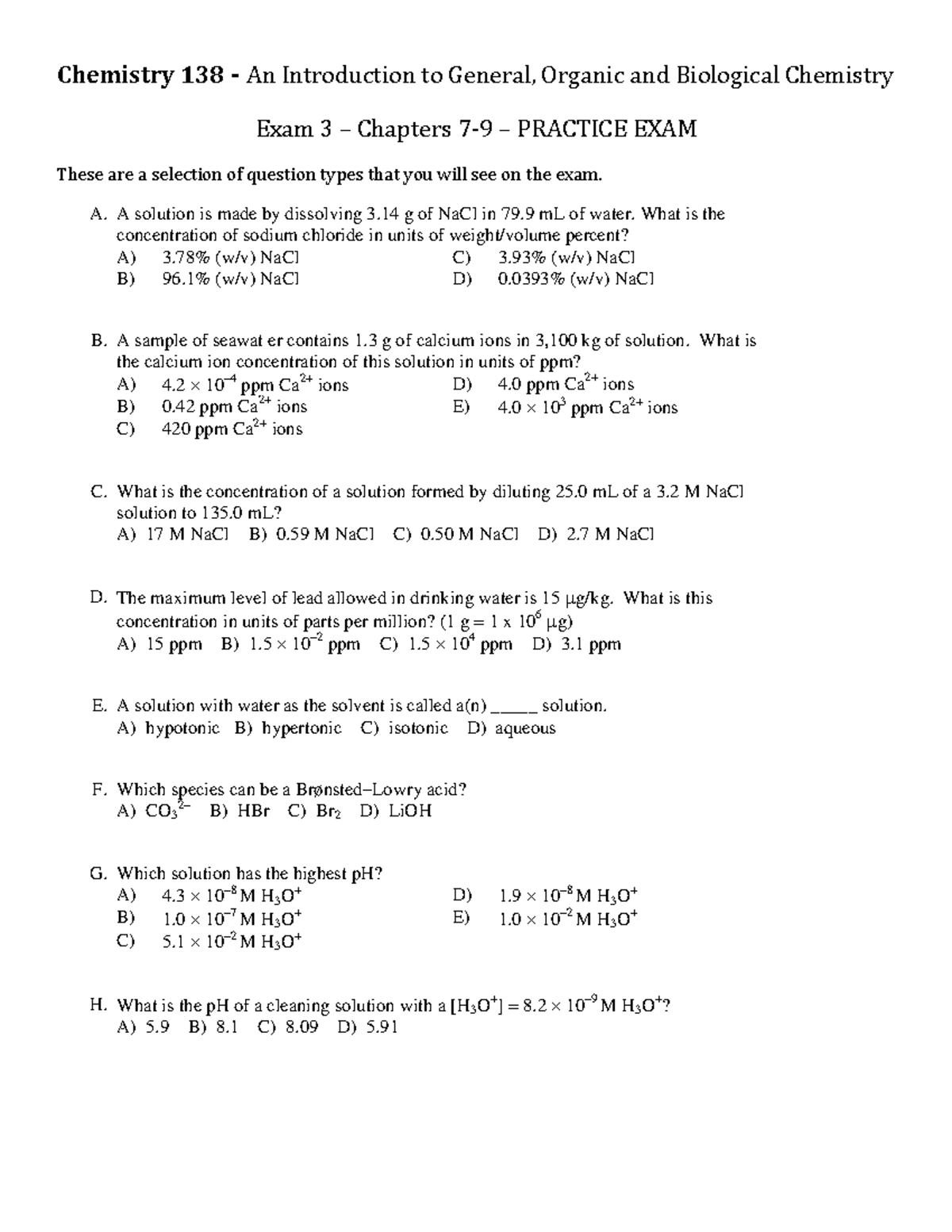 Chemistry 138 - Exam 3 Practice: Chapters 7-9 Questions - Studocu