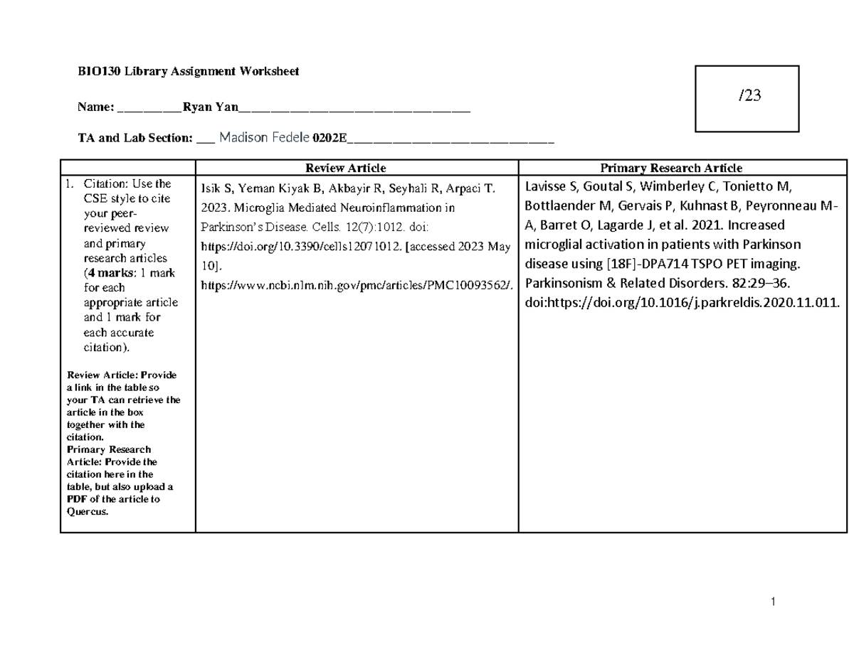 BIO130 Library Assignment Worksheet 2025 - BIO130 Library Assignment ...