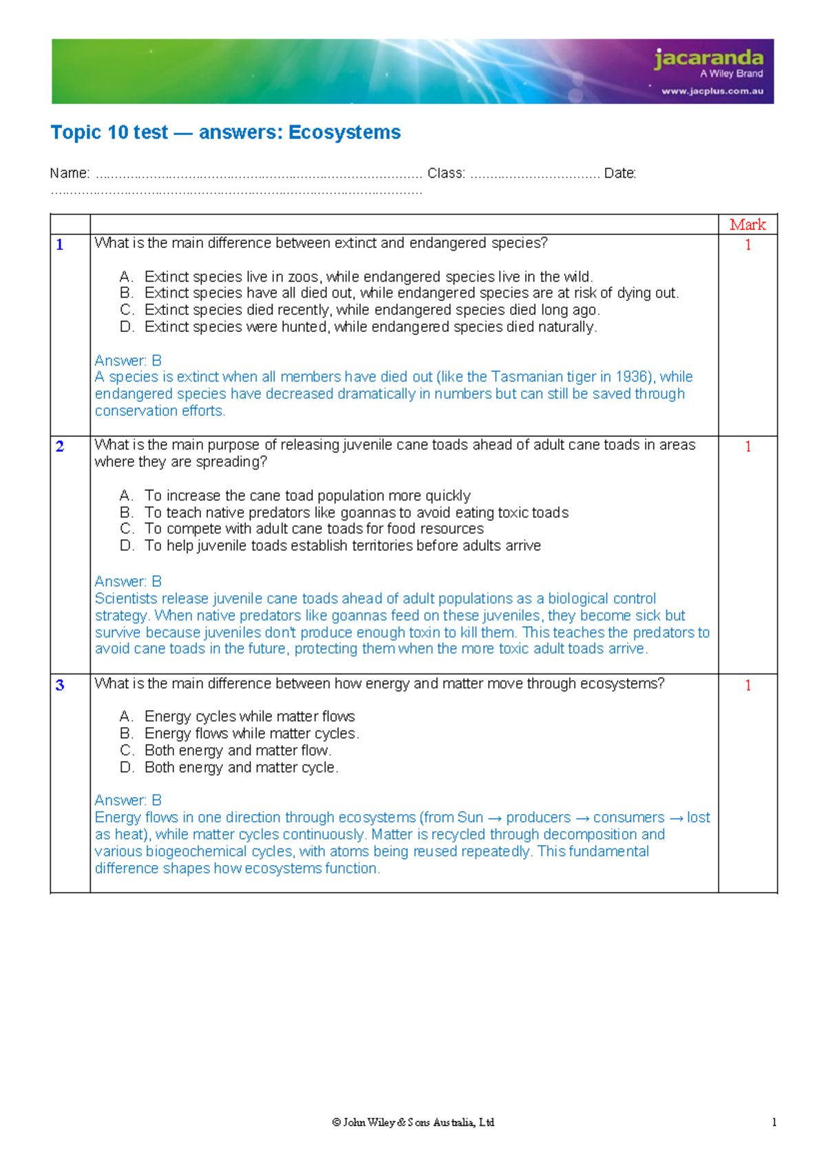 Topic 10 Test Answers: Ecosystems (Doc-42793) - Studocu