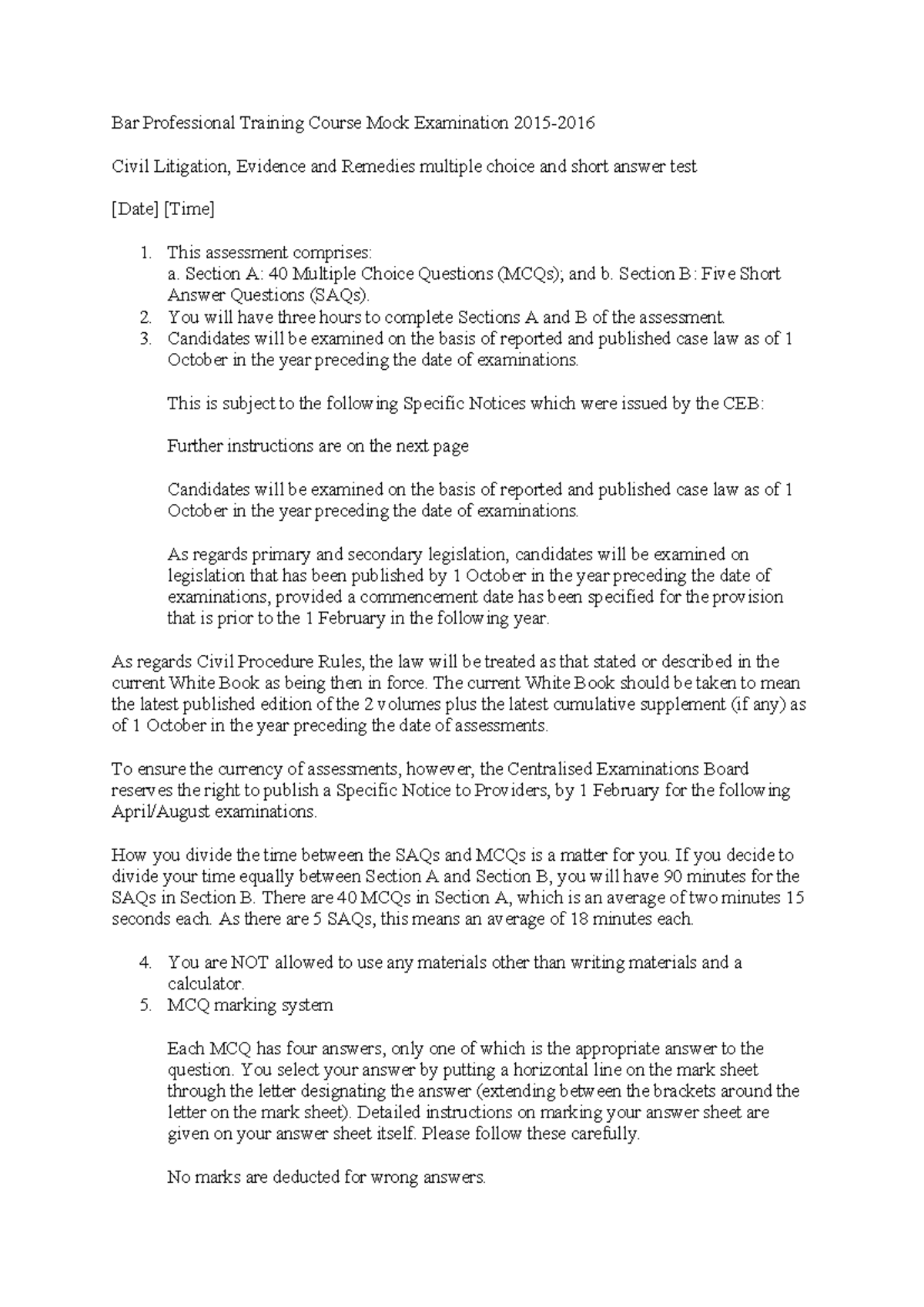 MOCK 002 - practice papers - Bar Professional Training Course Mock ...