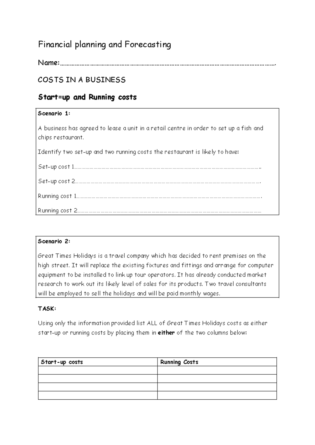 BTEC Level 2 Business: Financial Planning & Forecasting Worksheet - Studocu