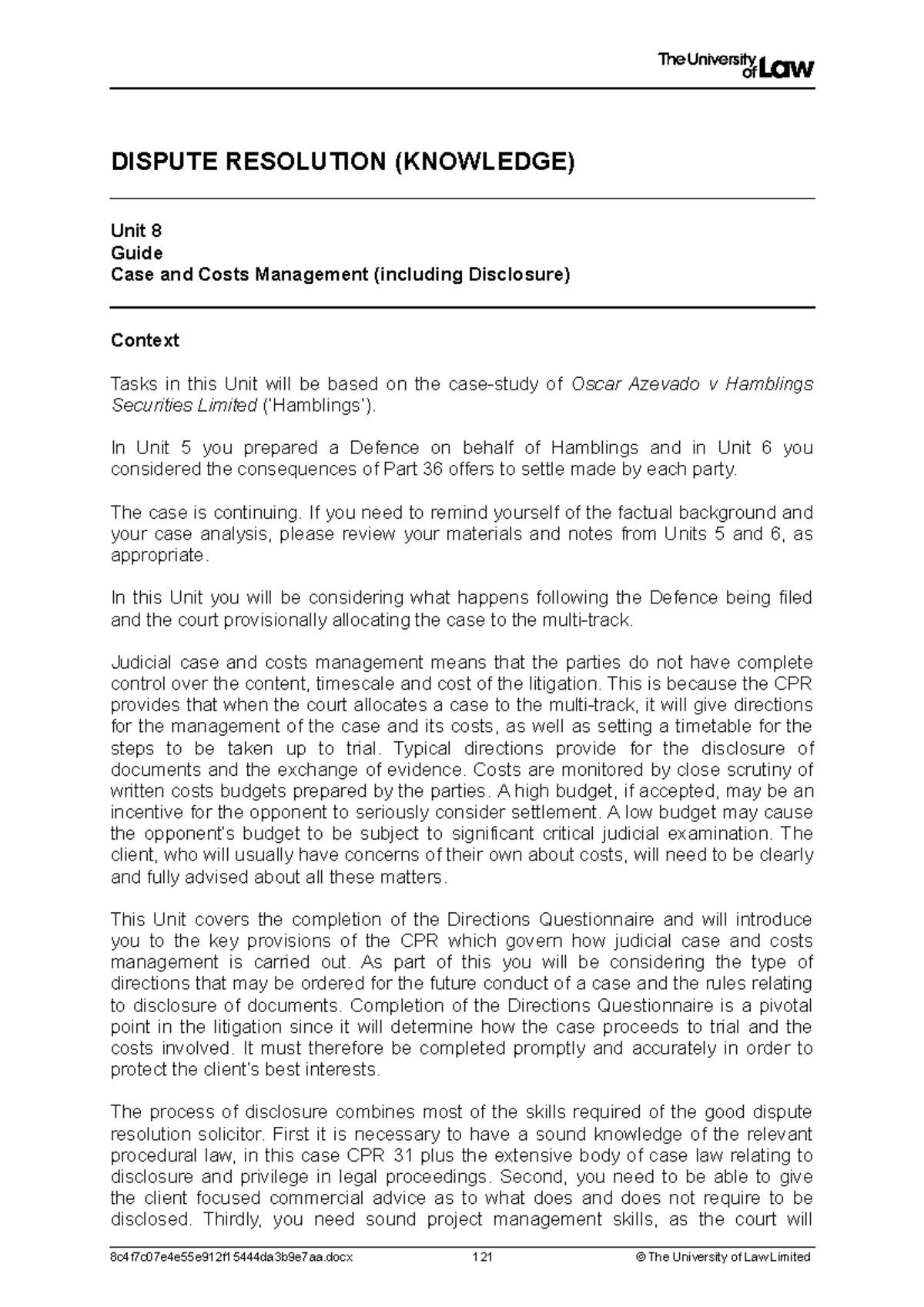 2223 dis ws08 ce01 guide - DISPUTE RESOLUTION (KNOWLEDGE) Unit 8 Guide ...