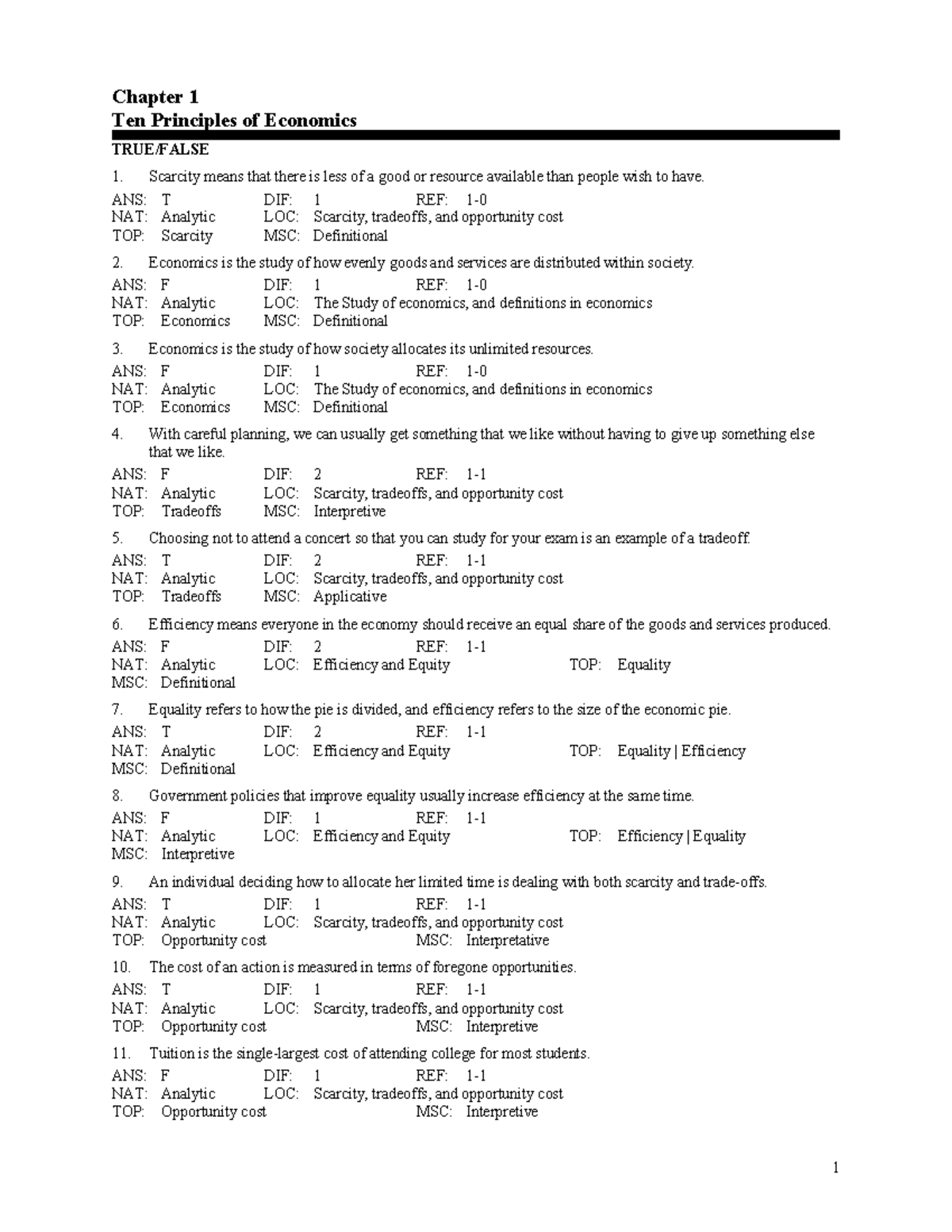 Chapter 1: Ten Principles of Economics - Key Concepts and Definitions ...