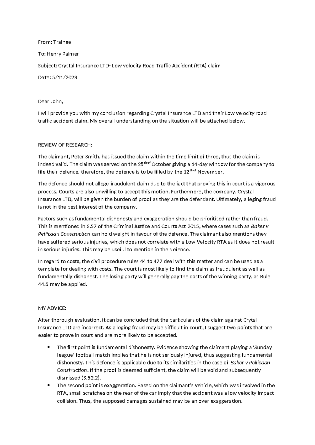RTA Claim Analysis for Crystal Insurance LTD - Legal Advice - Studocu