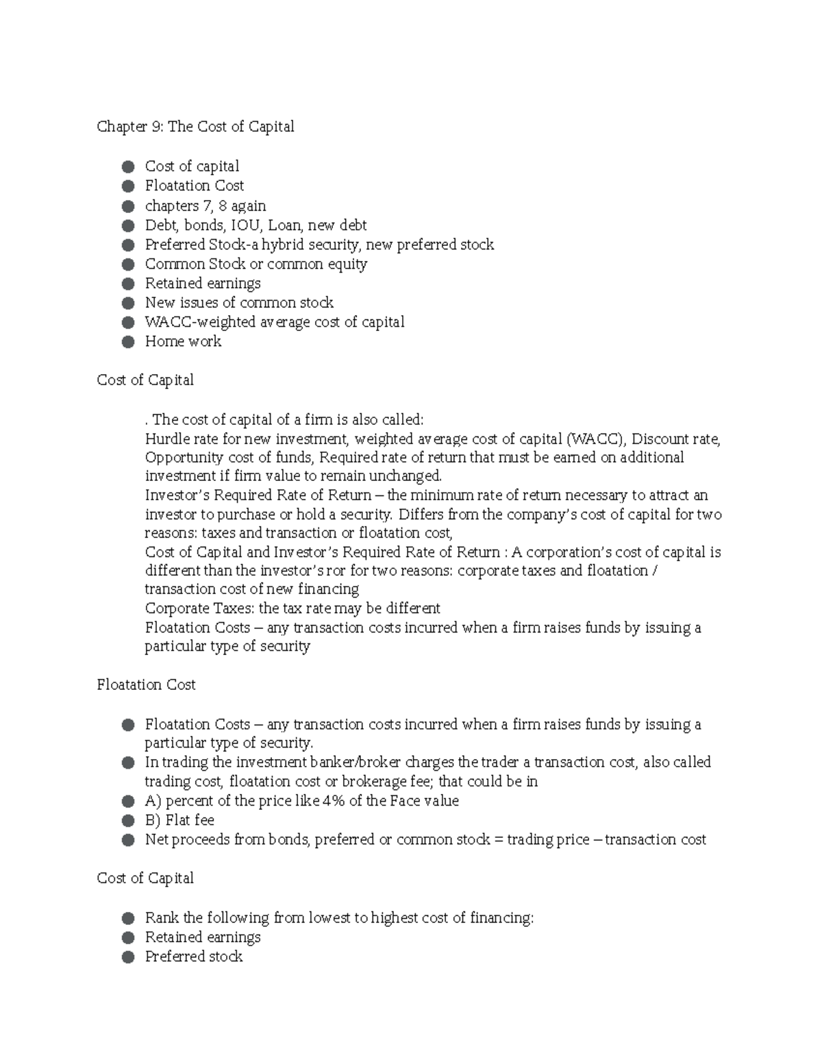 Chapter 9: Cost of Capital Analysis - Key Notes and Concepts - Studocu