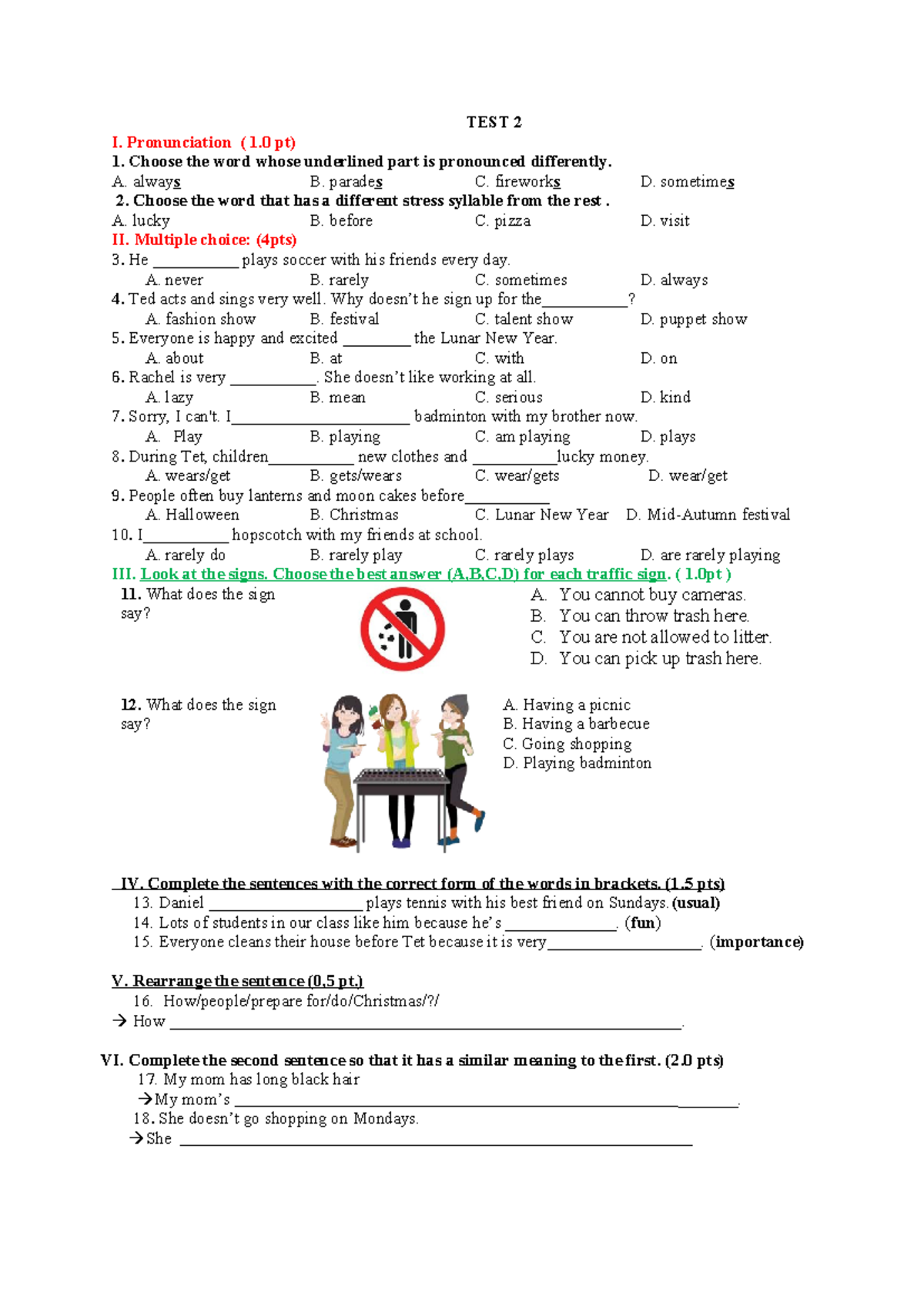 Ktra 15p lan 3: Test 2 Pronunciation & Multiple Choice Questions - Studocu