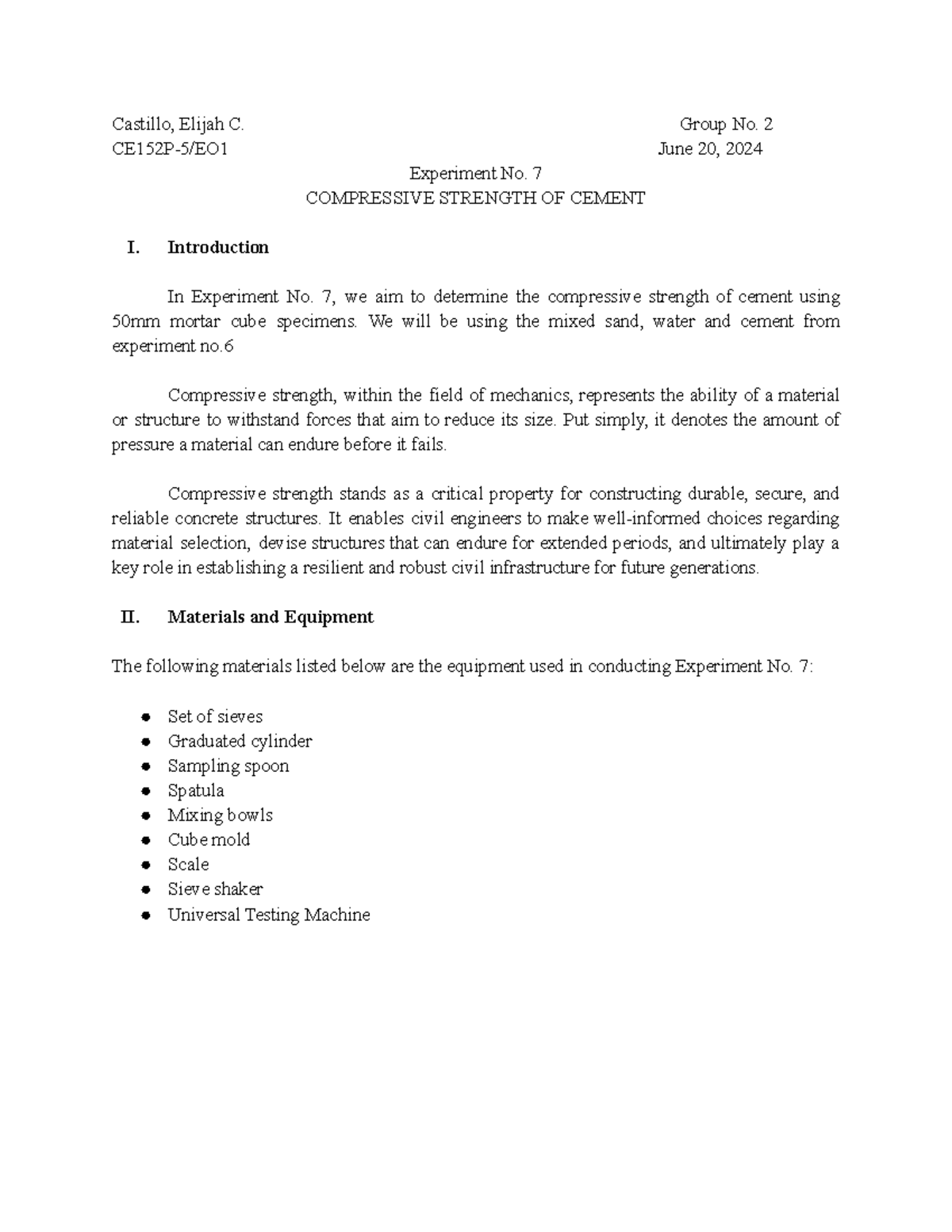 CE152P-5 Lab Report 7: Compressive Strength of Cement Experiment - Studocu