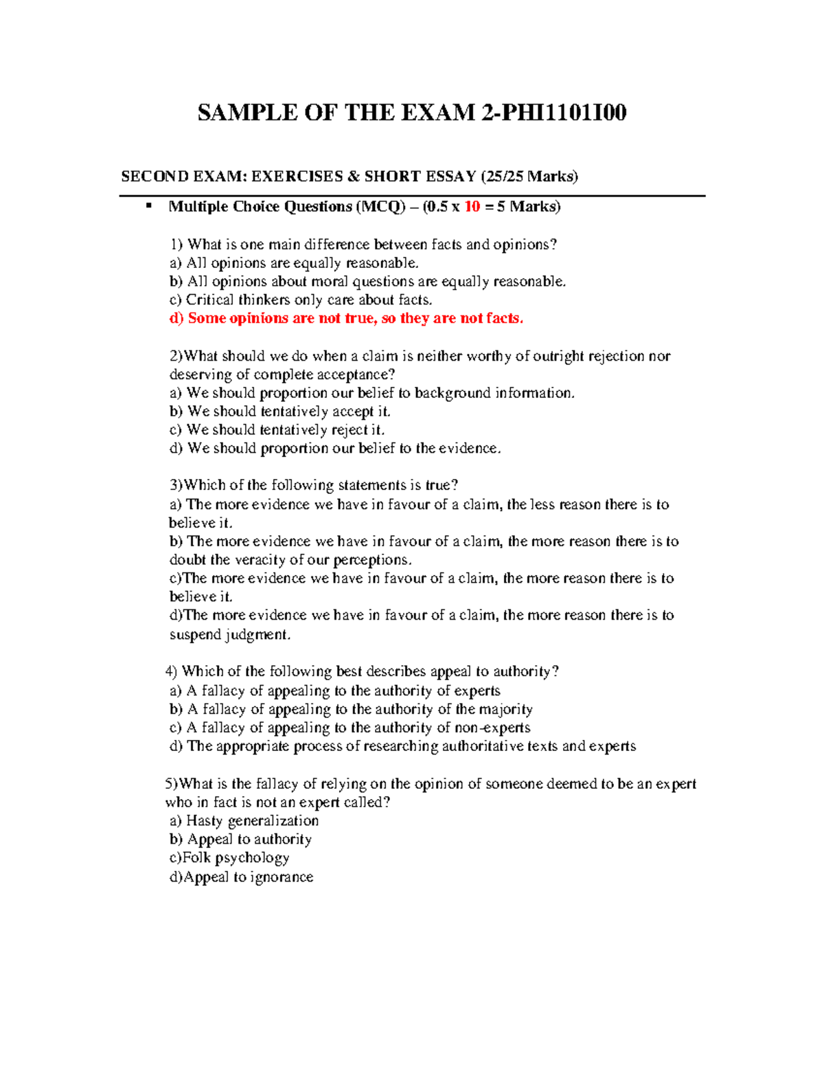 Exam 2 Sample - PHI1101 I00 2024: Exercises & Short Essays - Studocu
