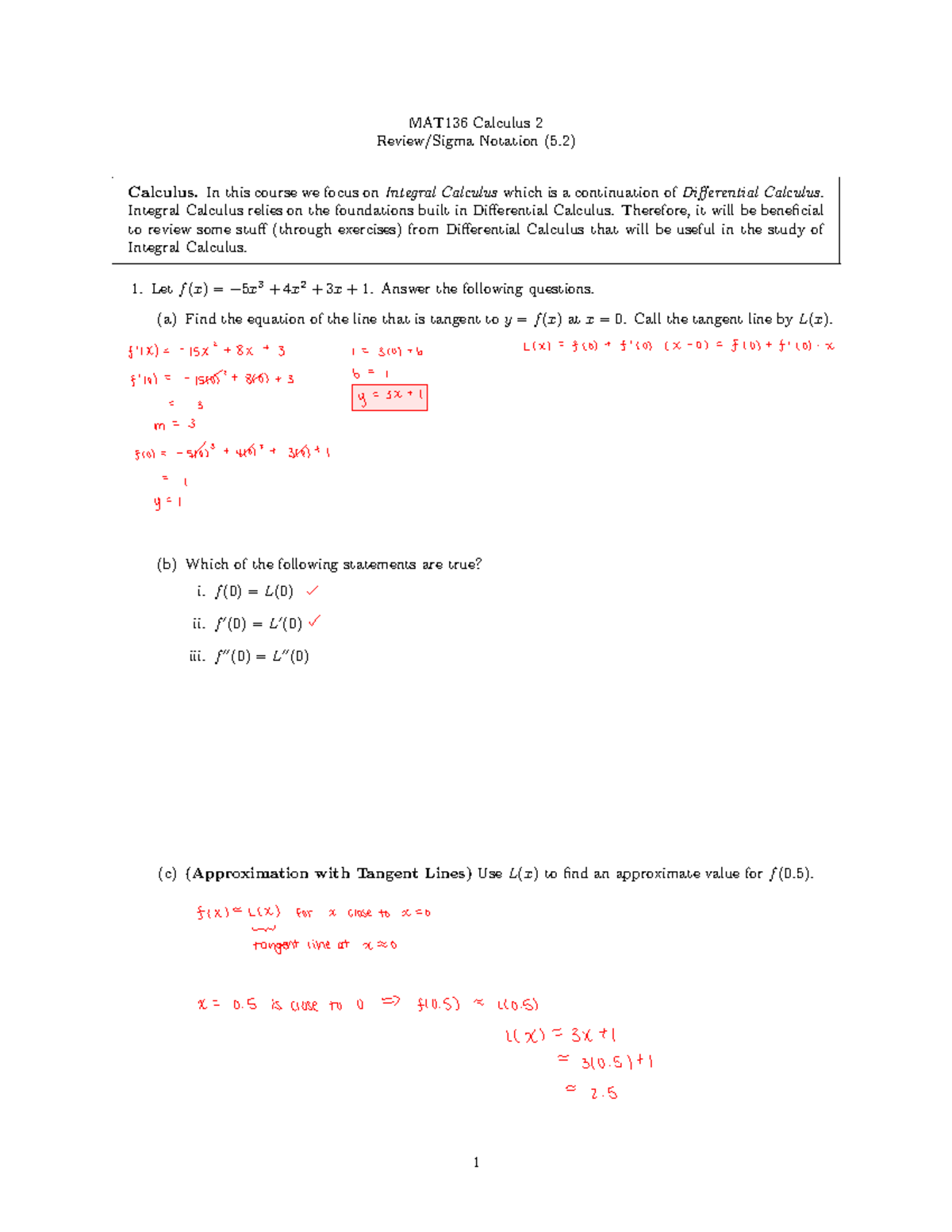 MAT136 Calculus 2 Week 1 Lecture Notes on Integral Calculus - Studocu