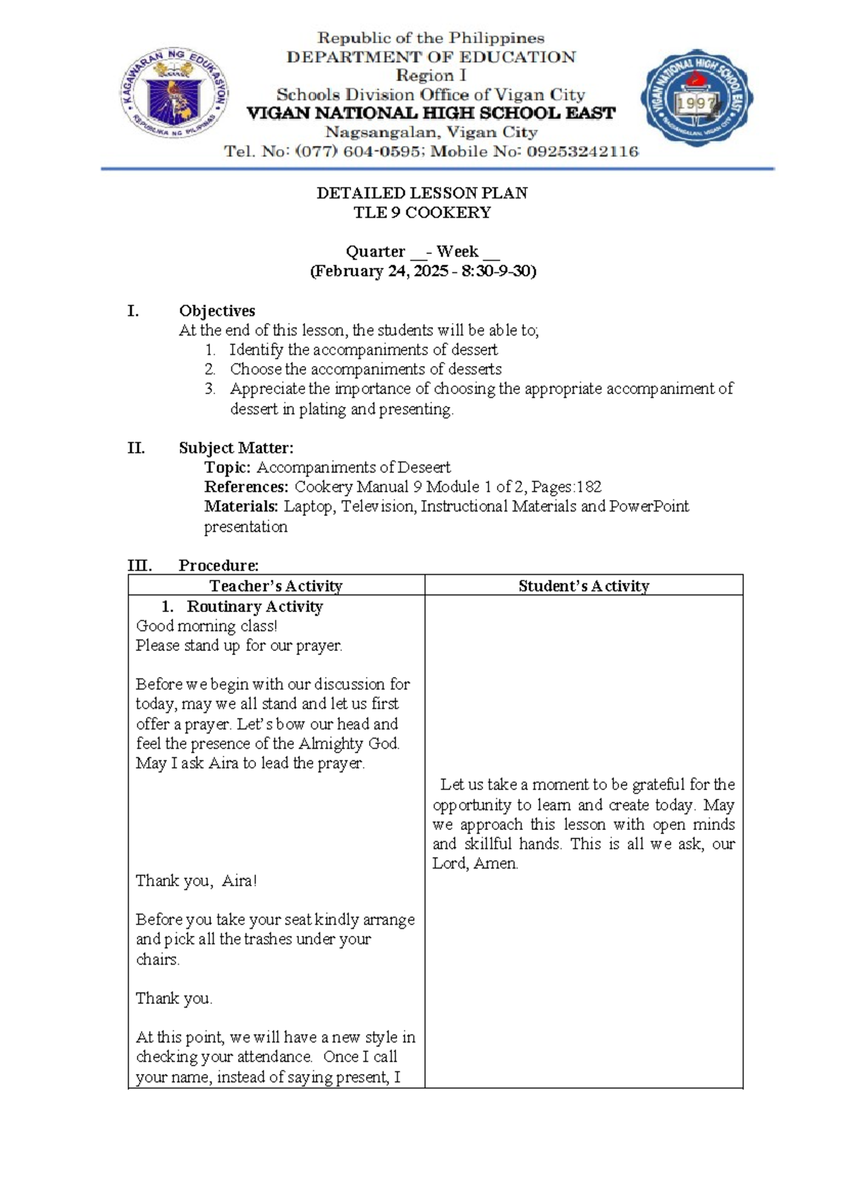 Detailed Lesson Plan: TLE 9 Cookery - Accompaniments of Desserts - Studocu