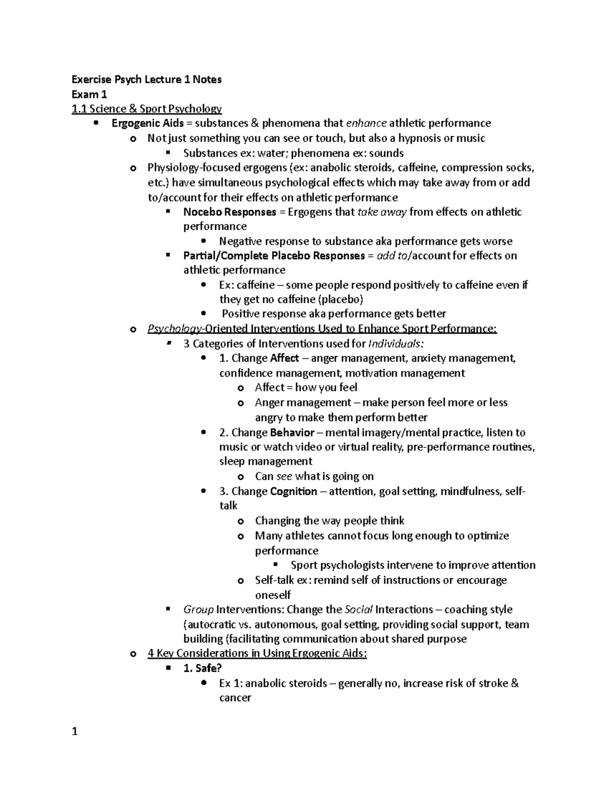 Lecture 1 Notes (Science of Exercise Psychology) - Exercise Psych ...