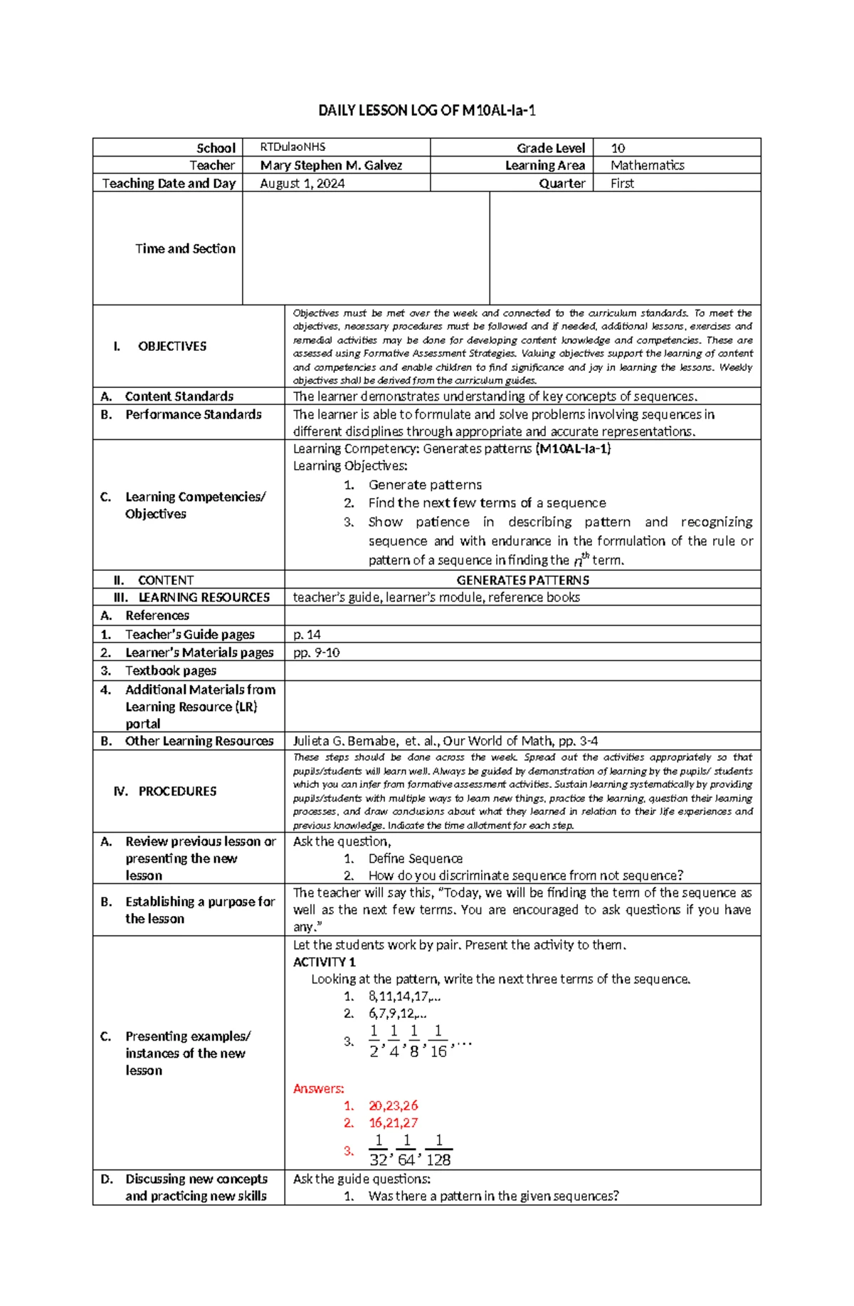 M10AL - Lesson Plan: Sequences and Patterns for Week 1 - Studocu