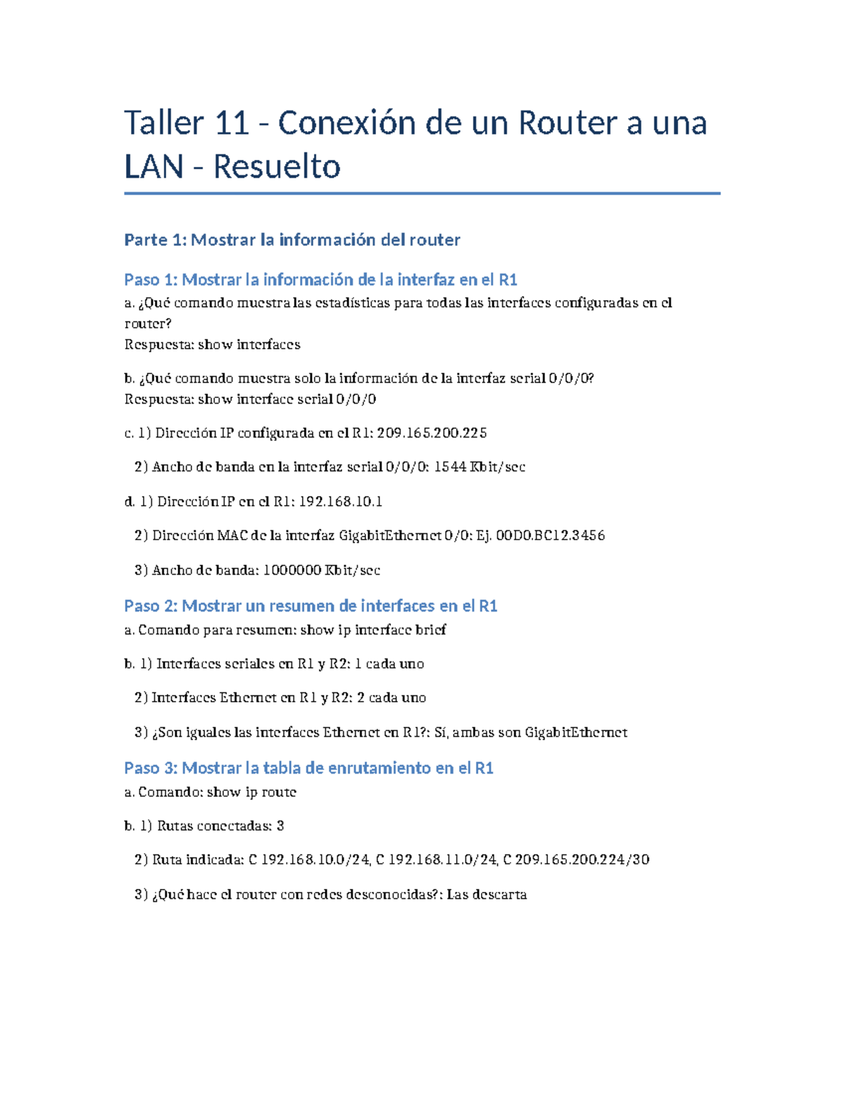 Taller 11 - Conexión de un Router a una LAN - Guía Resuelta - Studocu
