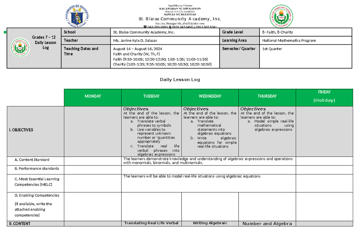DLL Week 4- NMP - Daily Lesson Log - Grades 7 – 12 Daily Lesson Log ...