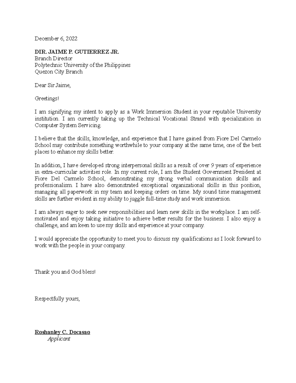 Application Letter - December 6, 2022 DIR. JAIME P. GUTIERREZ JR ...
