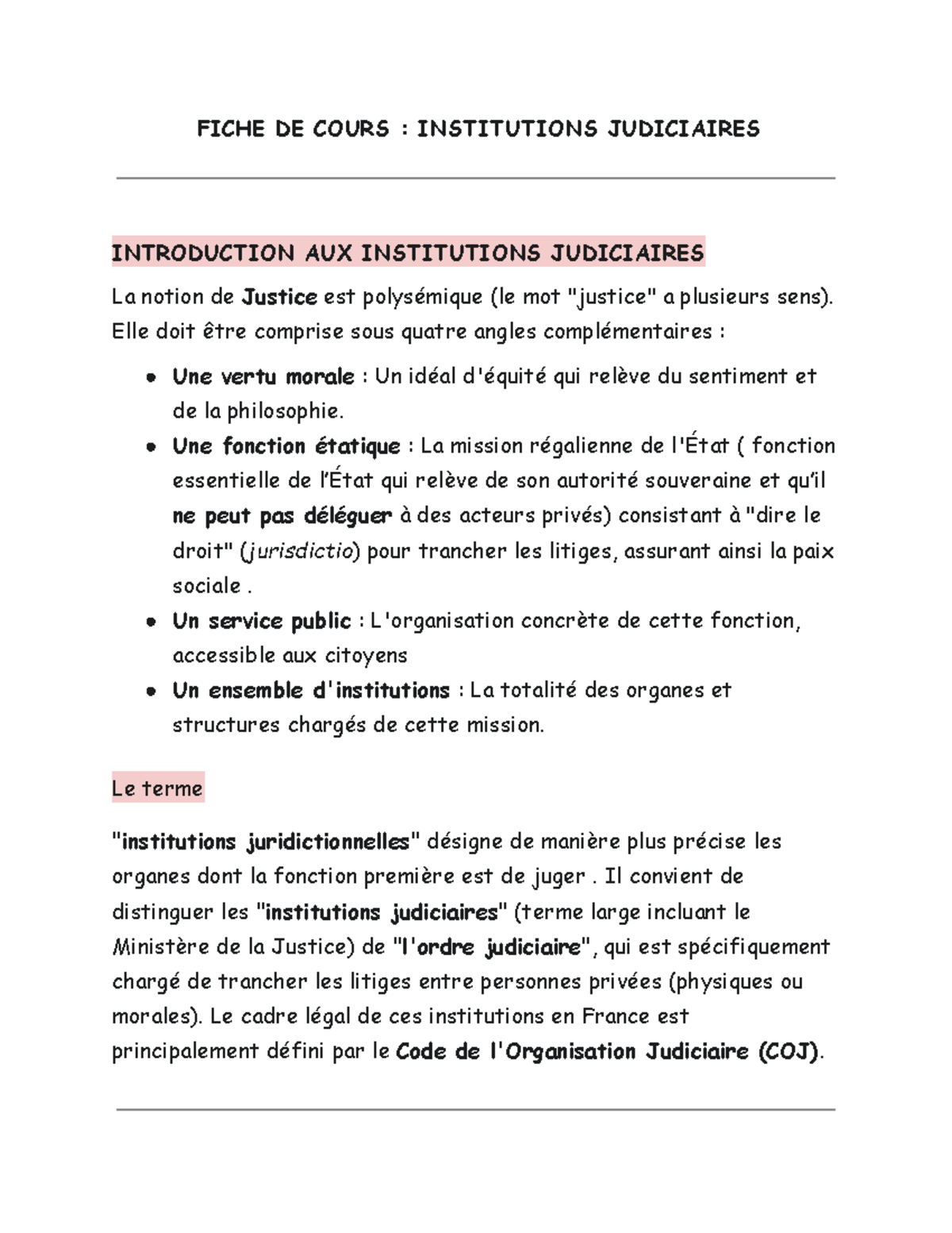 FICHE DE COURS : INTRODUCTION AUX INSTITUTIONS JUDICIAIRES - Studocu