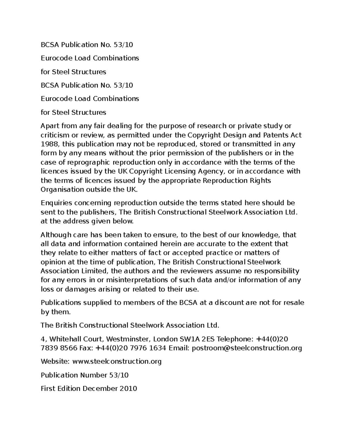 Eurocode Test - Load Combinations for Steel Structures (BCSA Pub No. 53 ...