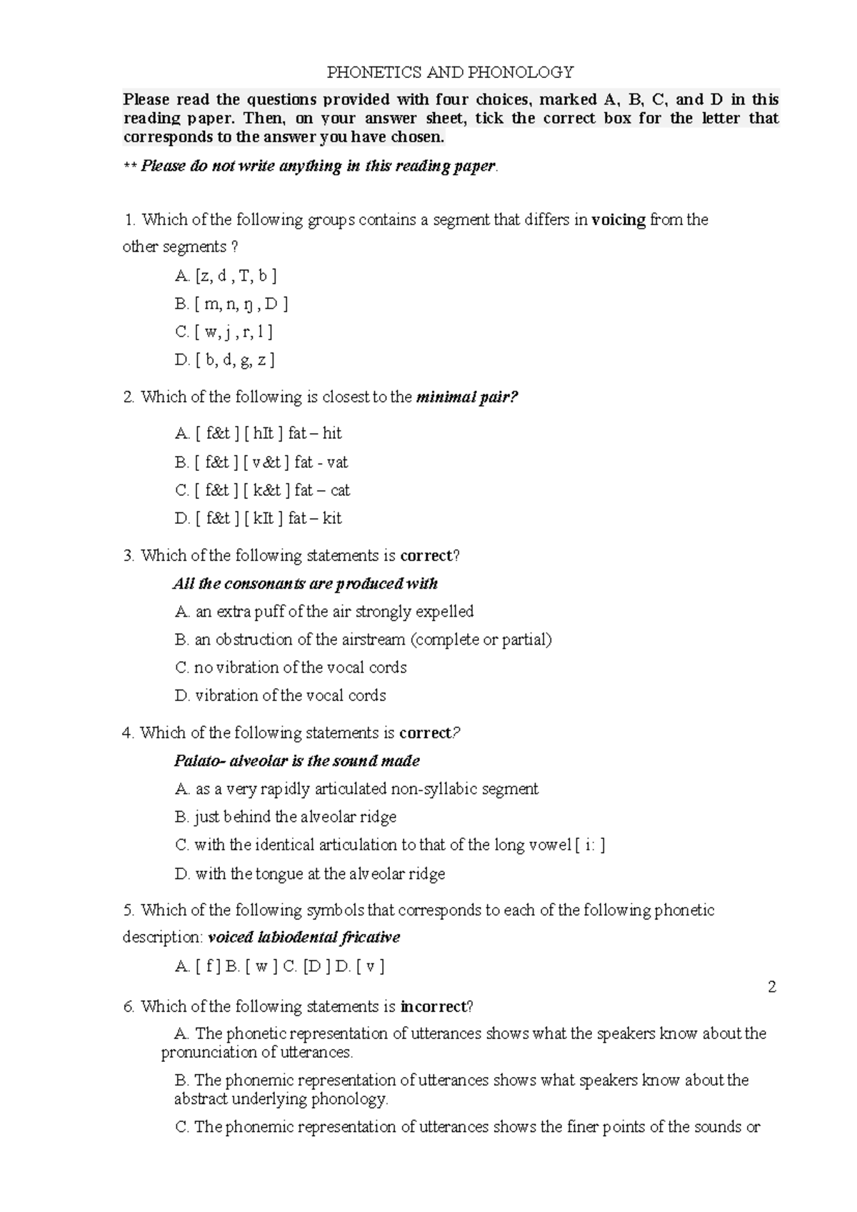 Sample Test on Phonology 2: Multiple Choice Questions - Studocu
