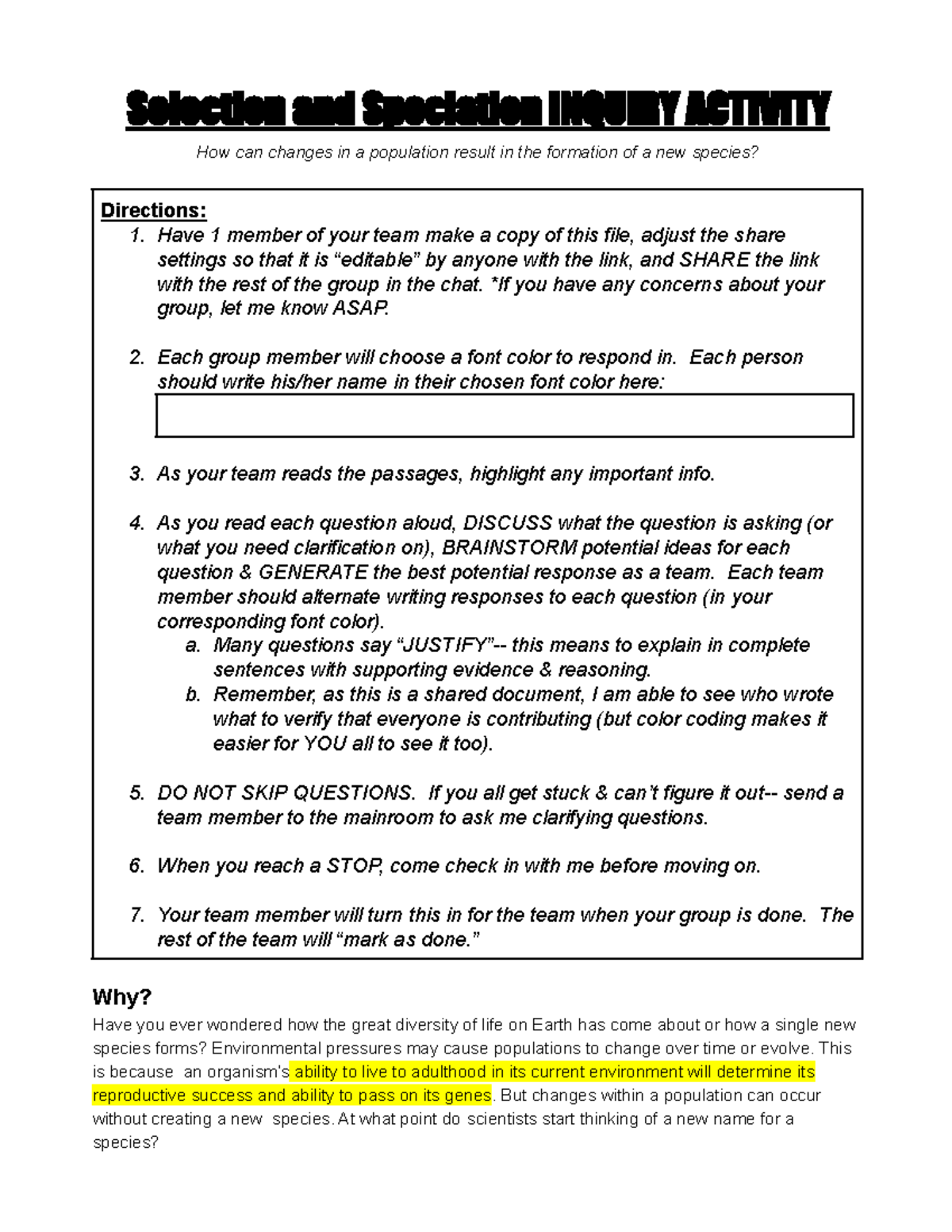 Selection and Speciation Inquiry Activity - 21S Document - Studocu