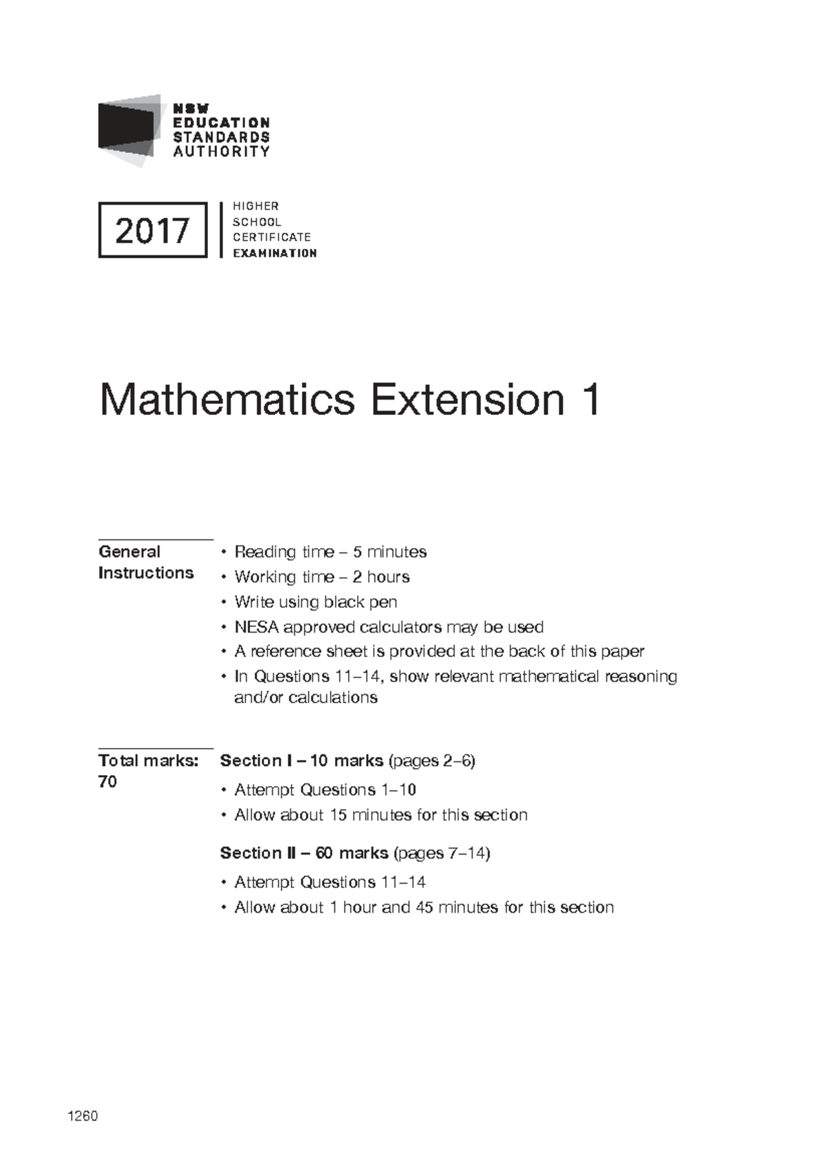 2017 HSC Mathematics Extension 1 Past Exam Paper - Studocu