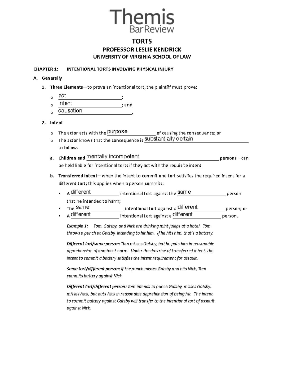 Torts Outline: Intentional Torts Overview for MBE Exam - Studocu