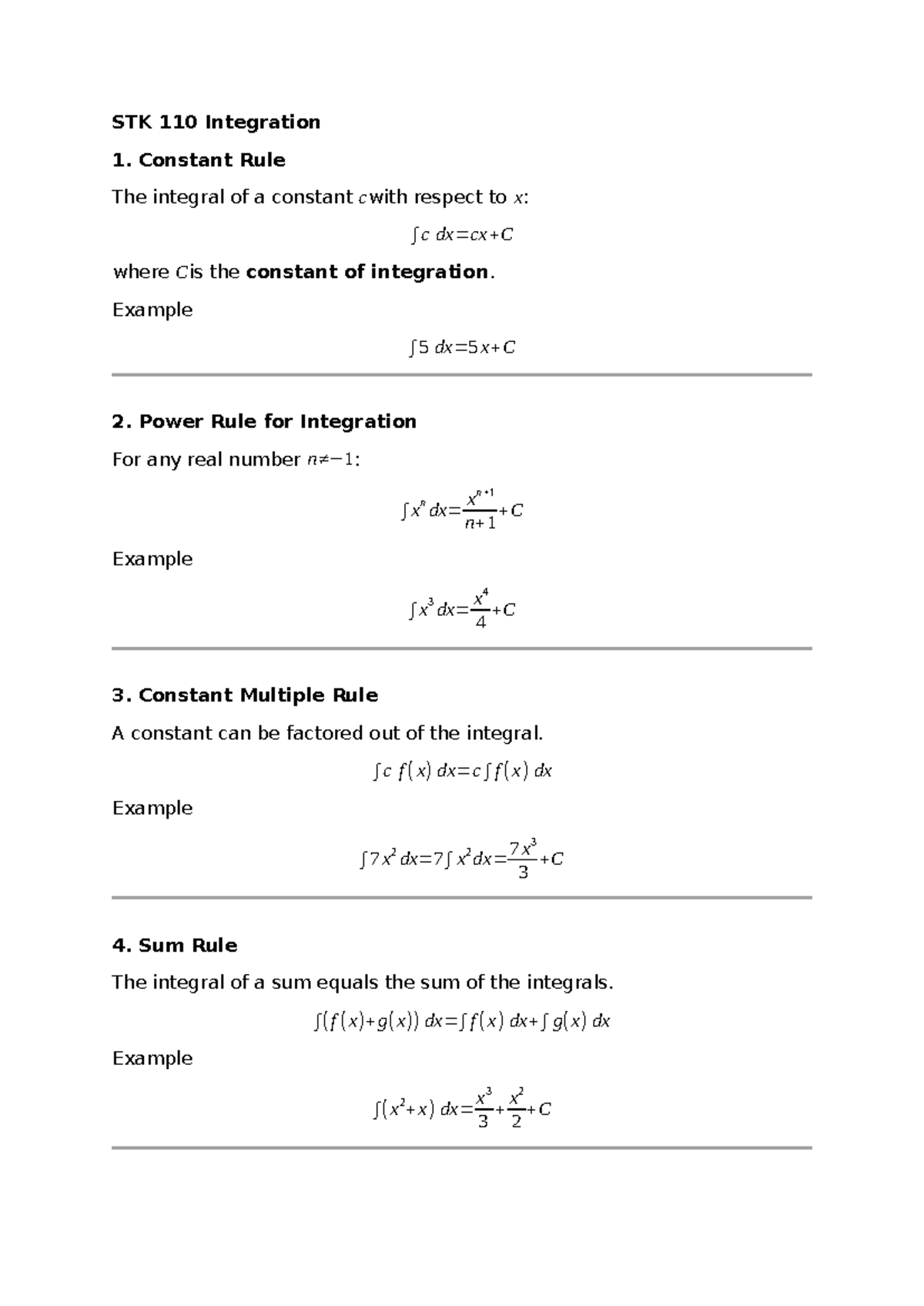 STK 110 Basic Calculus Integration Notes - Studocu