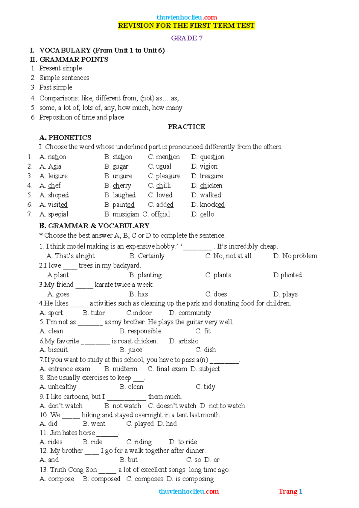 Grade 7 Term 1 Test Revision: Vocabulary & Grammar Review - Studocu